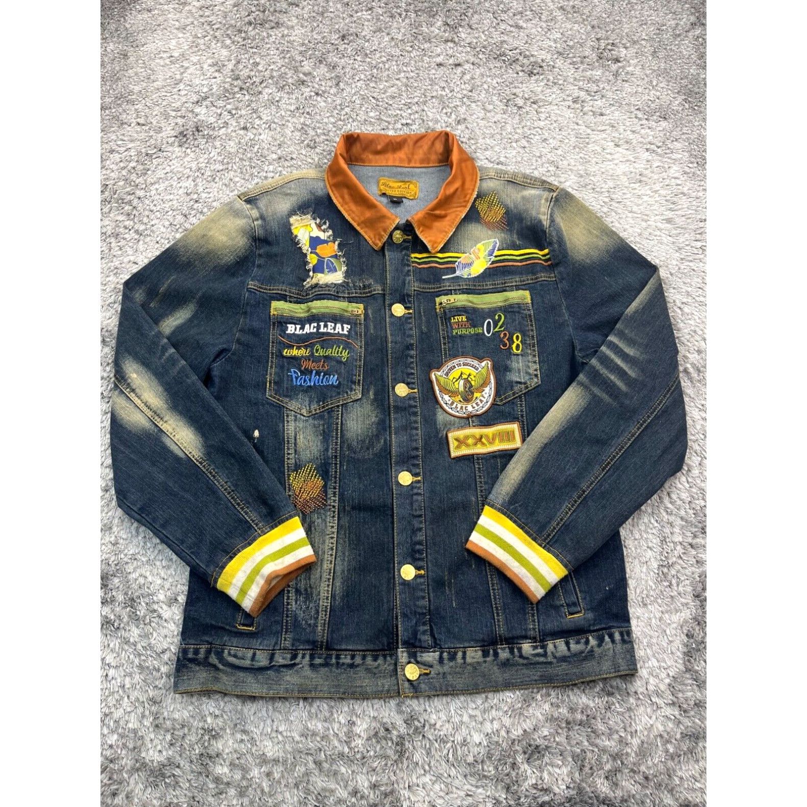 image of Vintage Blac Leaf Limited Edition Jean Jacket Mens XL Acid Wash Grudge Patchwork Denim in White