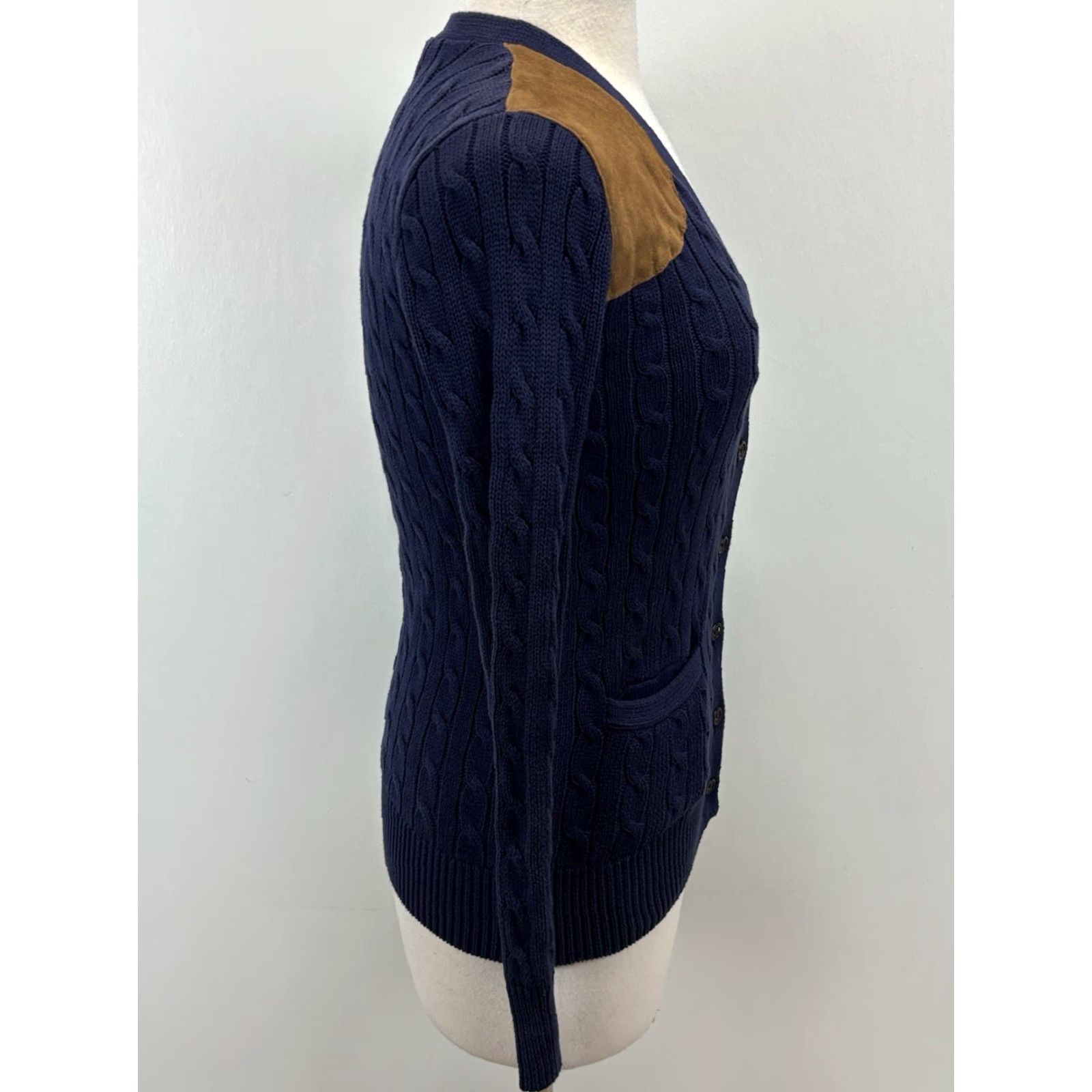 Ralph Lauren VINTAGE Ralph Lauren Cardigan Sweater Women’s XS Navy Blue Suede Patch Cable-Knit 90s Size XS / US 0-2 / IT 36-38 - 4 Thumbnail