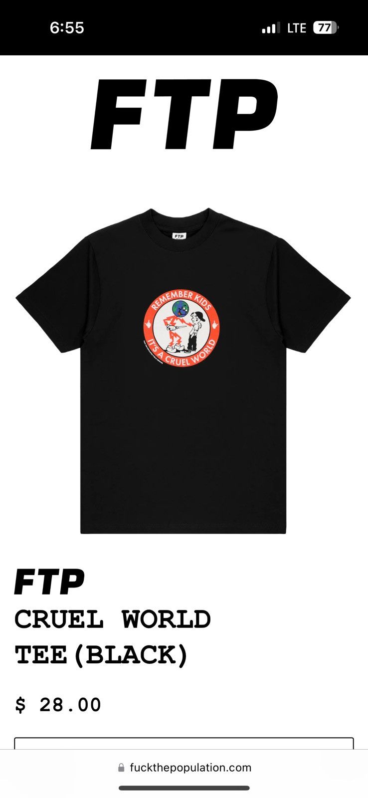 image of Fuck The Population Ftp Cruel World Tee in Black, Men's (Size Large)
