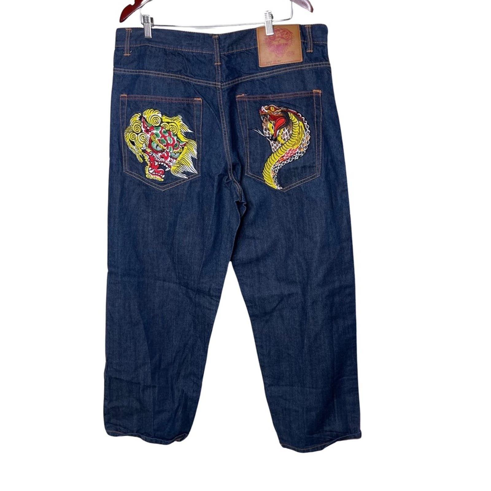 Image of Vntg Ed Hardy Straight Jeans Embroidery Dragon Cobra 40X31 in Blue, Men's