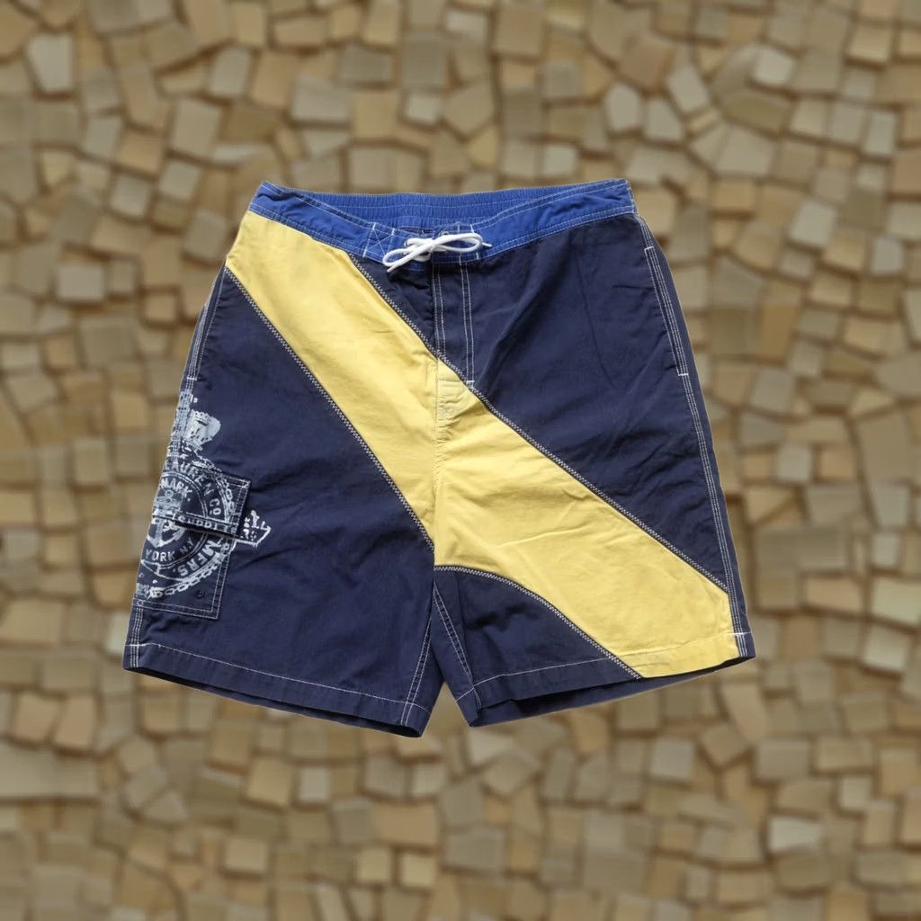 VINTAGE RALPH LAUREN POLO SHORTS TRUNKS SWIM CARGO BLUE MEN L 8" Y2K COTTON NYLON 90s BEACH SPORTS