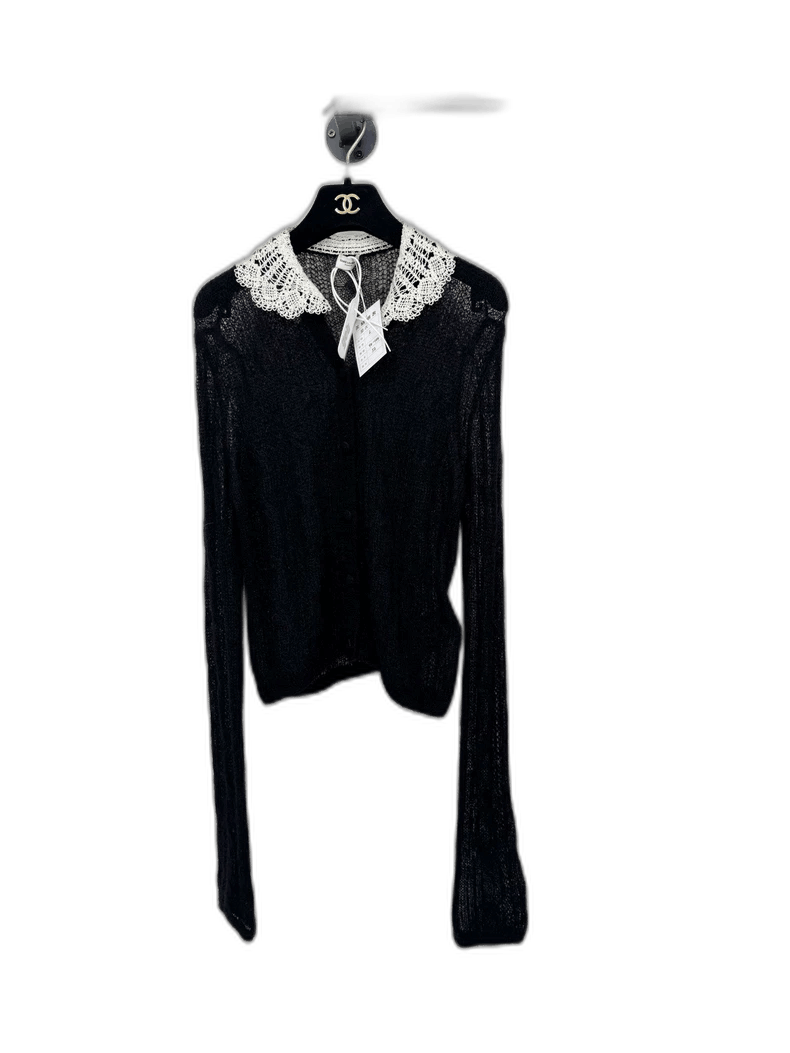 Saint Laurent Paris Saint Laurent Black Wool Cardigan with Lace Collar Size L / US 10 / IT 46 - 1 Thumbnail