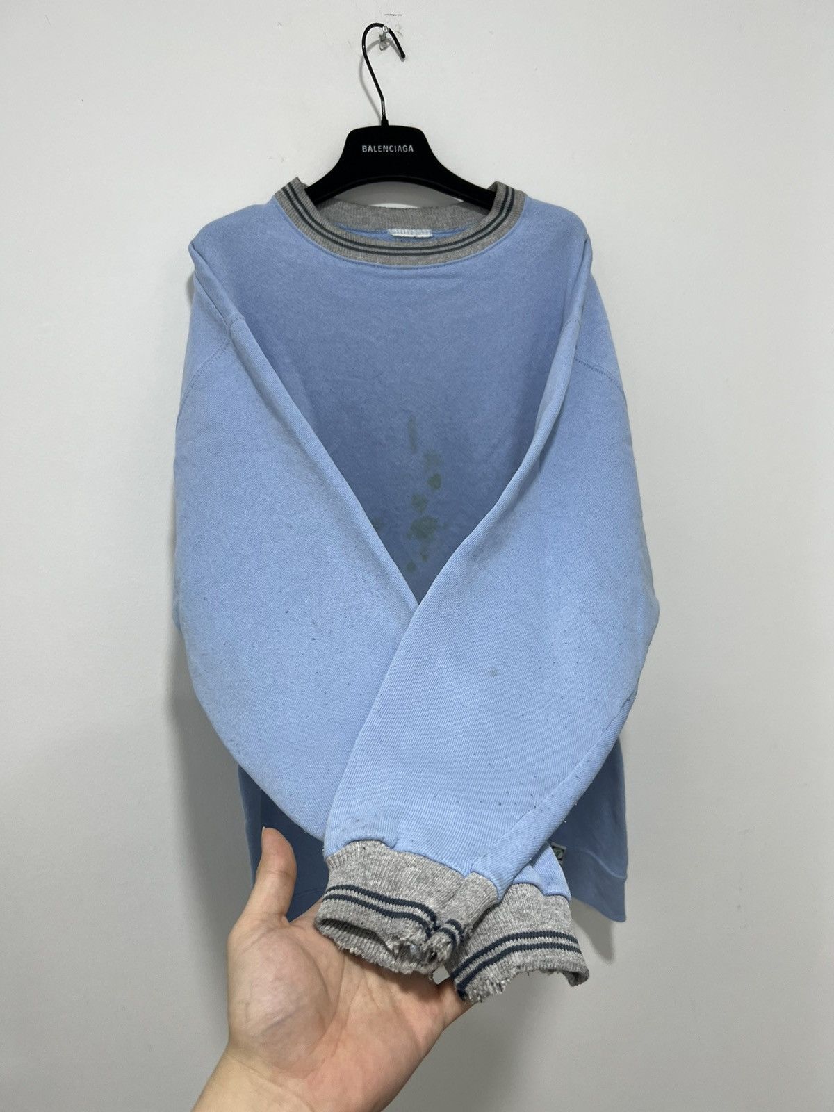 Image of 80’S Vintage Trashed Sunfade Sweater Baby Blue in Baby Blue Pink, Men's (Size Large)