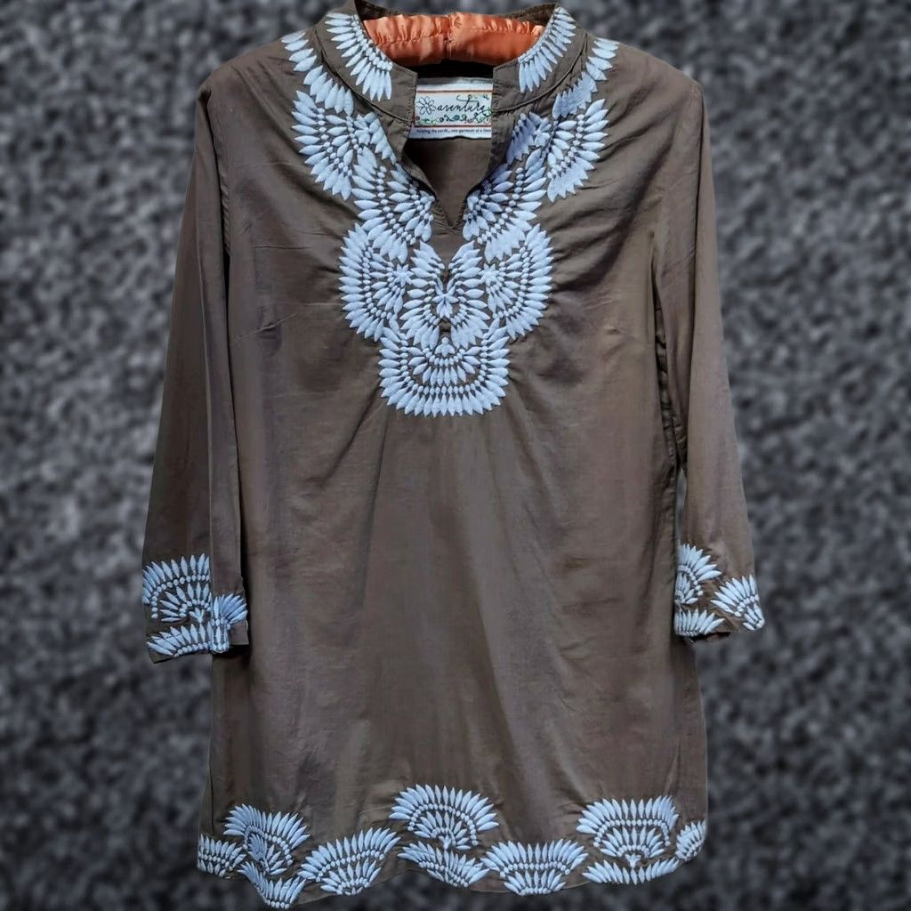 Vintage Aventura Women's Small Brown White Embroidered Top Tunic Blouse Organic Cotton Size S / US 4 / IT 40 - 1 Thumbnail
