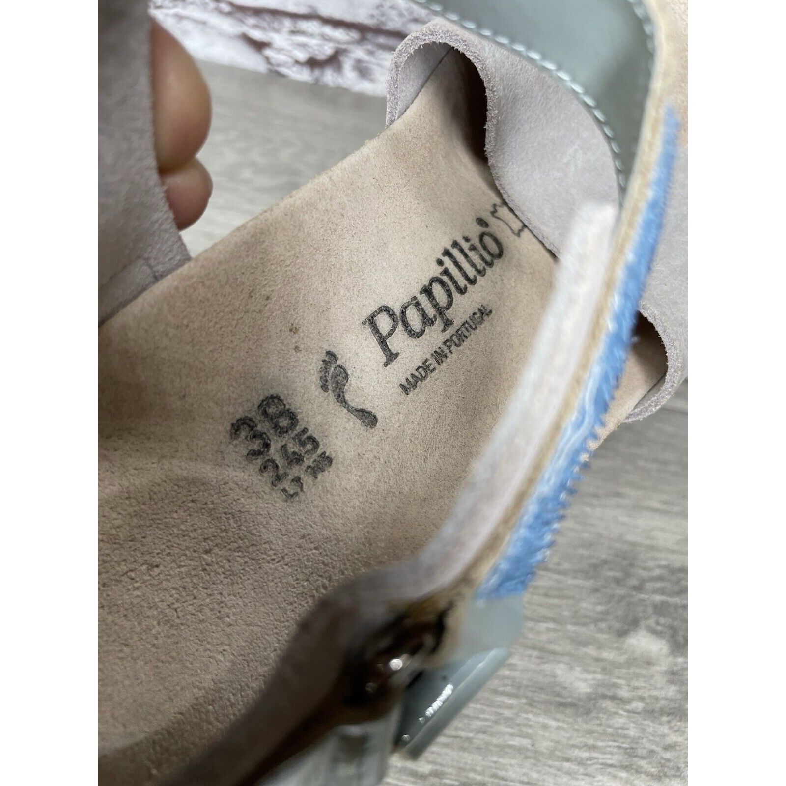 Birkenstock Papillio Grey Nubuck Suede Teal Patent Cork Wedg