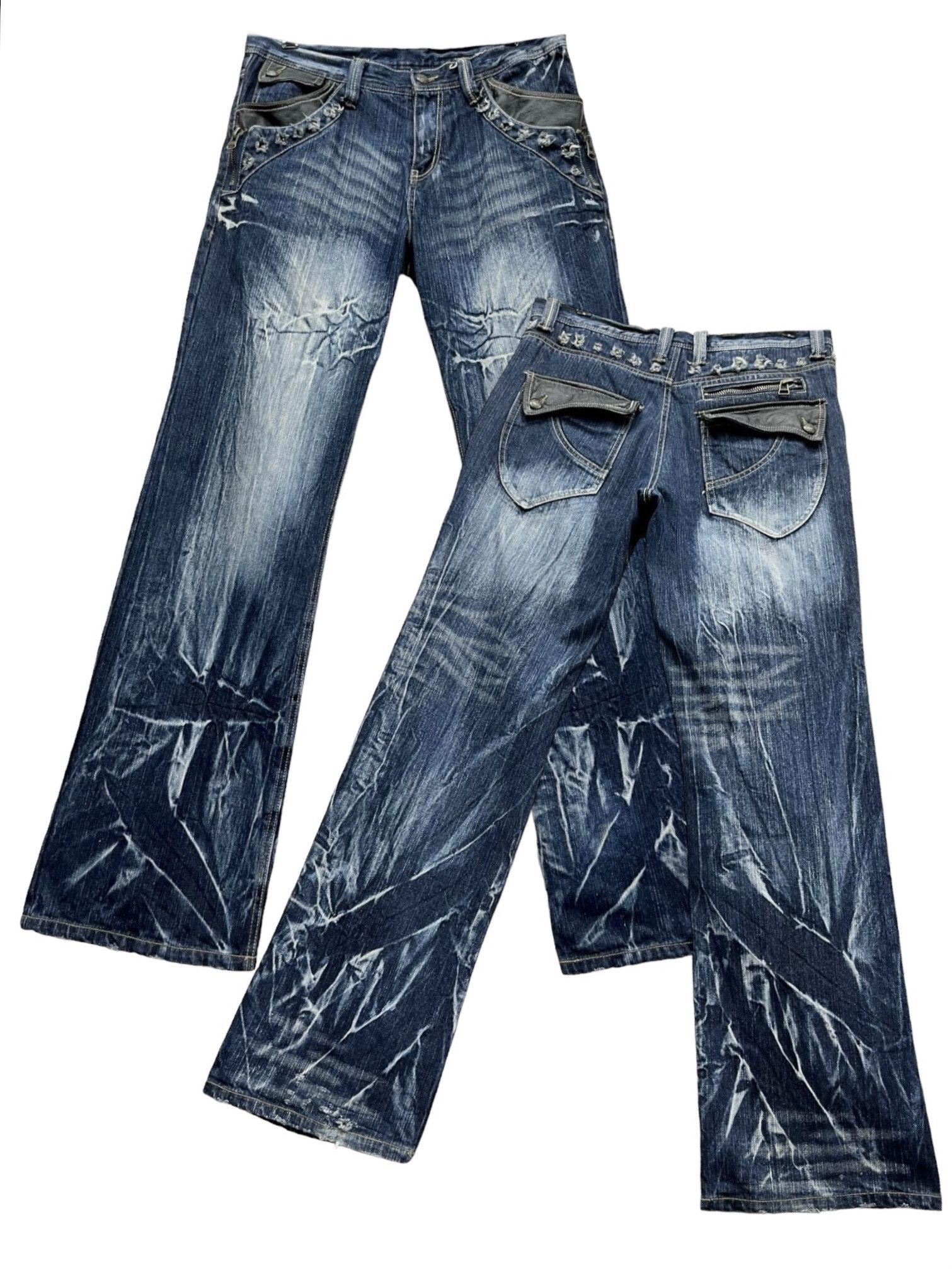 Seditionaries FYE🔥Vtg 90’s TRIXY Punk Studded Acid Wash Blue Flare Denim Size US 33 - 1 Thumbnail