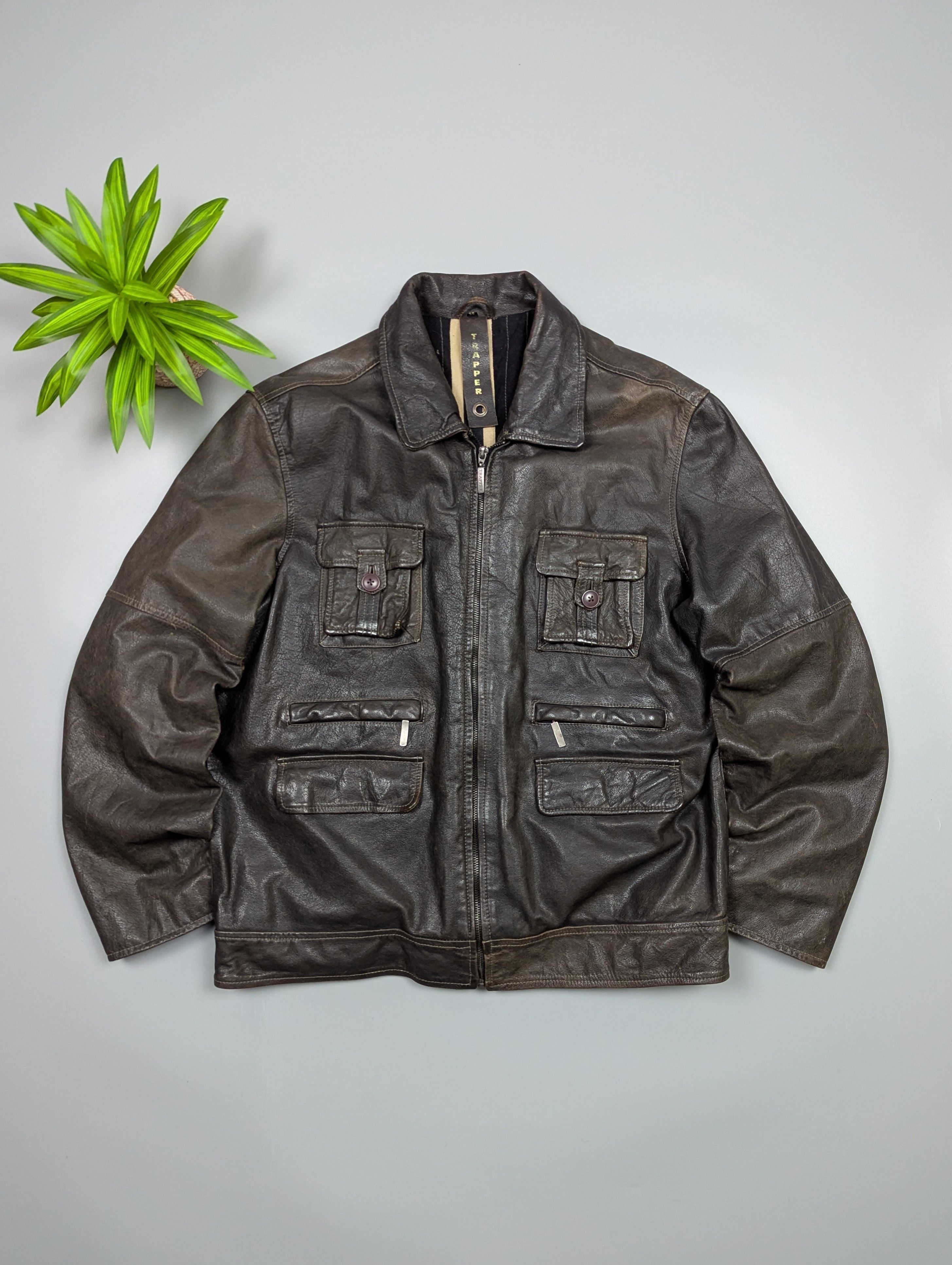 Vintage TRAPPER Mens Brown Multi-Pocket Leather Vintage Biker Jacket Size US XL / EU 56 / 4 - 1 Thumbnail
