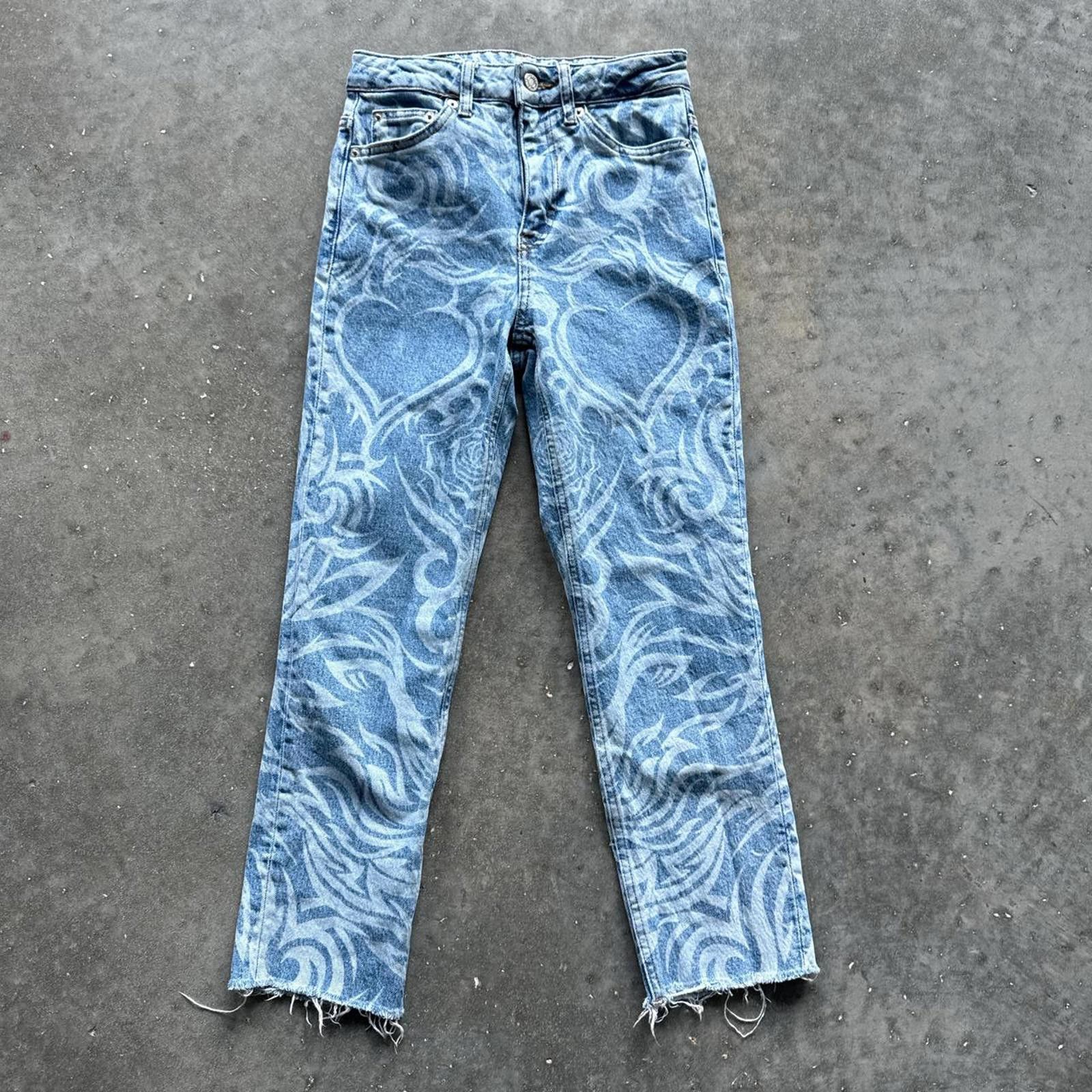 Topshop Heart Print Straight Leg Blue Jeans Topshop Size 42" / US 20 - 1 Thumbnail