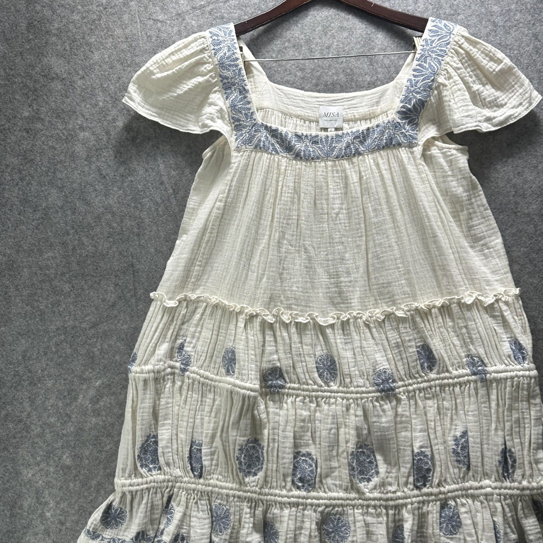 MISA Los Angeles Misa Los Angeles Dress Womens L White Embroidered Floral Boho Tiered Cotton Size L / US 10 / IT 46 - 3 Thumbnail