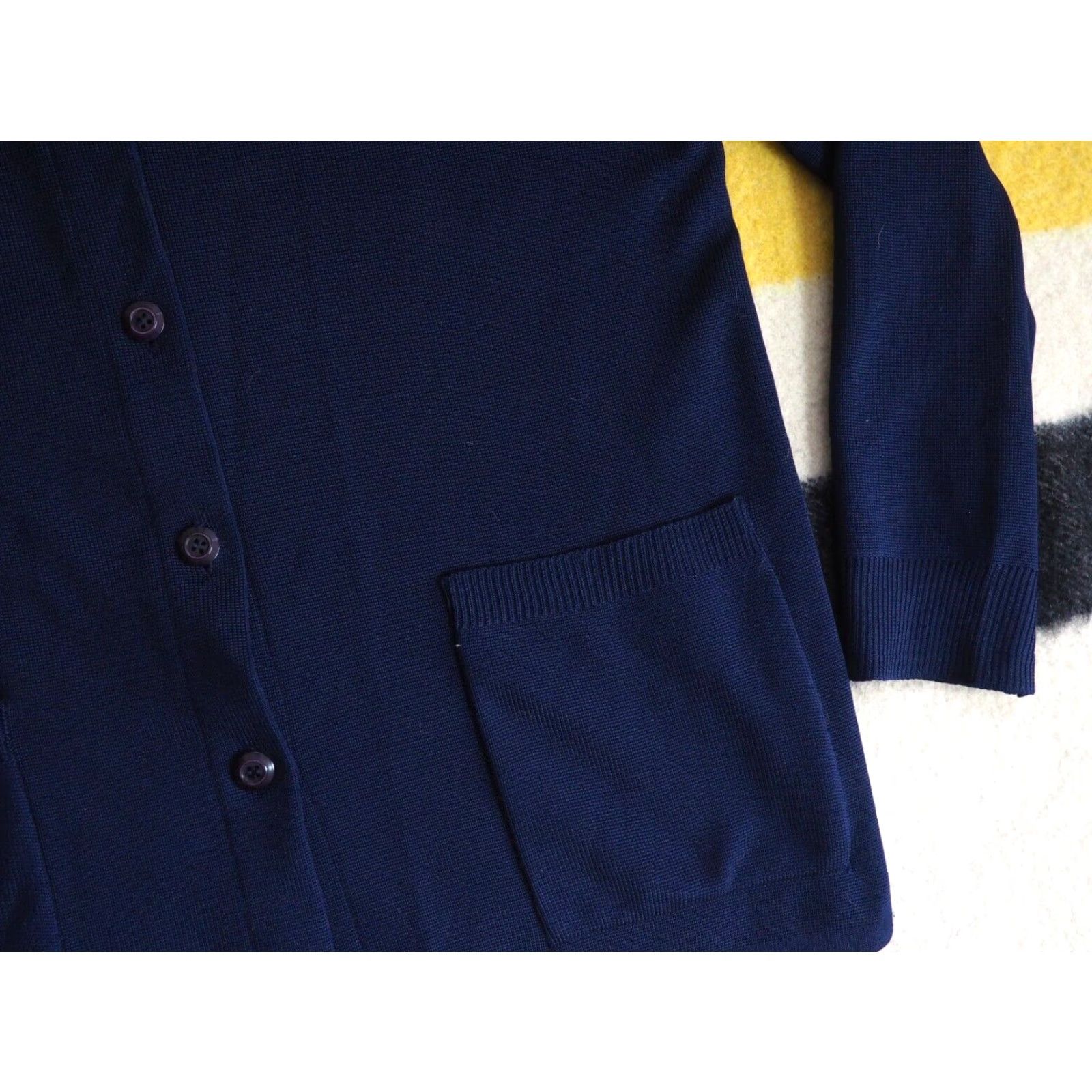 Old Navy VTG 70s Le Roy Gold Navy Blue Poly Button Pocket Cardigan Sweater Shirt Womens M Size M / US 6-8 / IT 42-44 - 5 Thumbnail