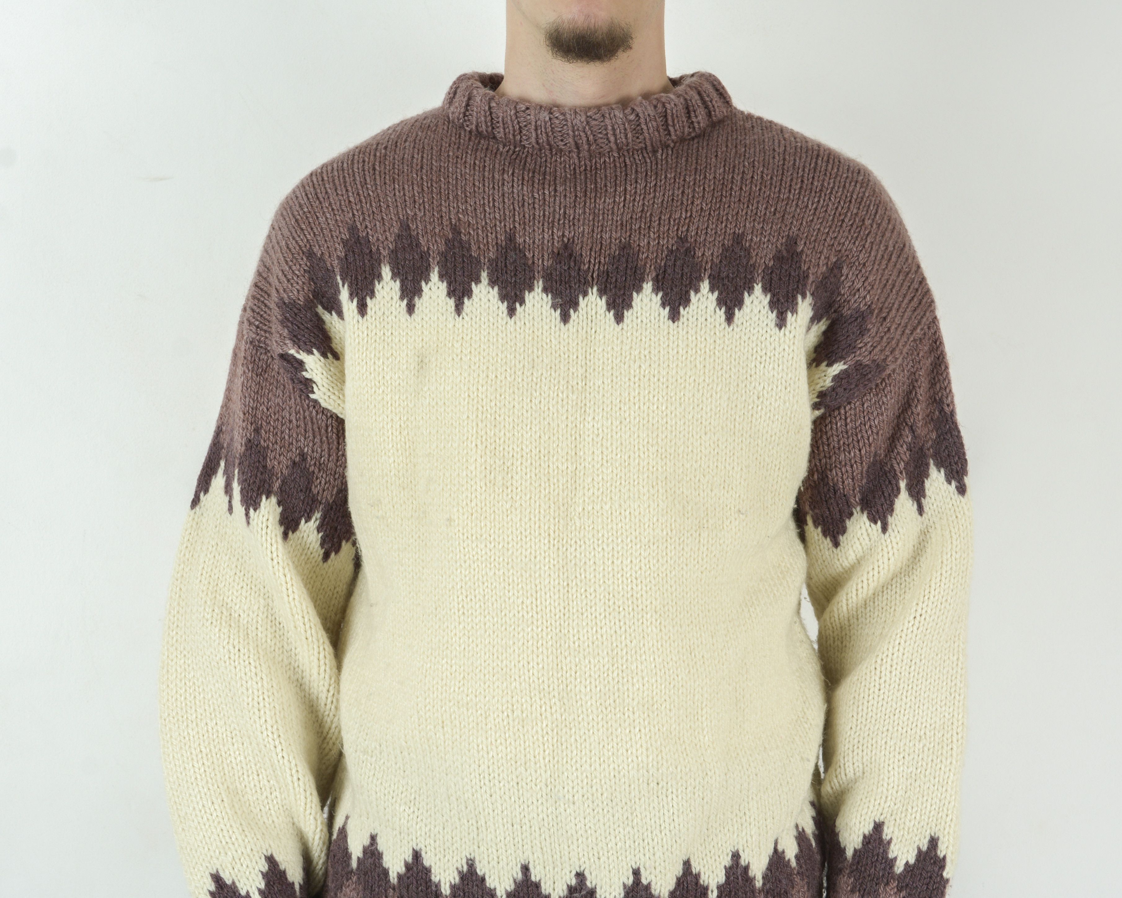 Handmade Mens Wool Sweater Crew Neck Retro Nordic Winter Knit Retro Size US L / EU 52-54 / 3 - 3 Thumbnail