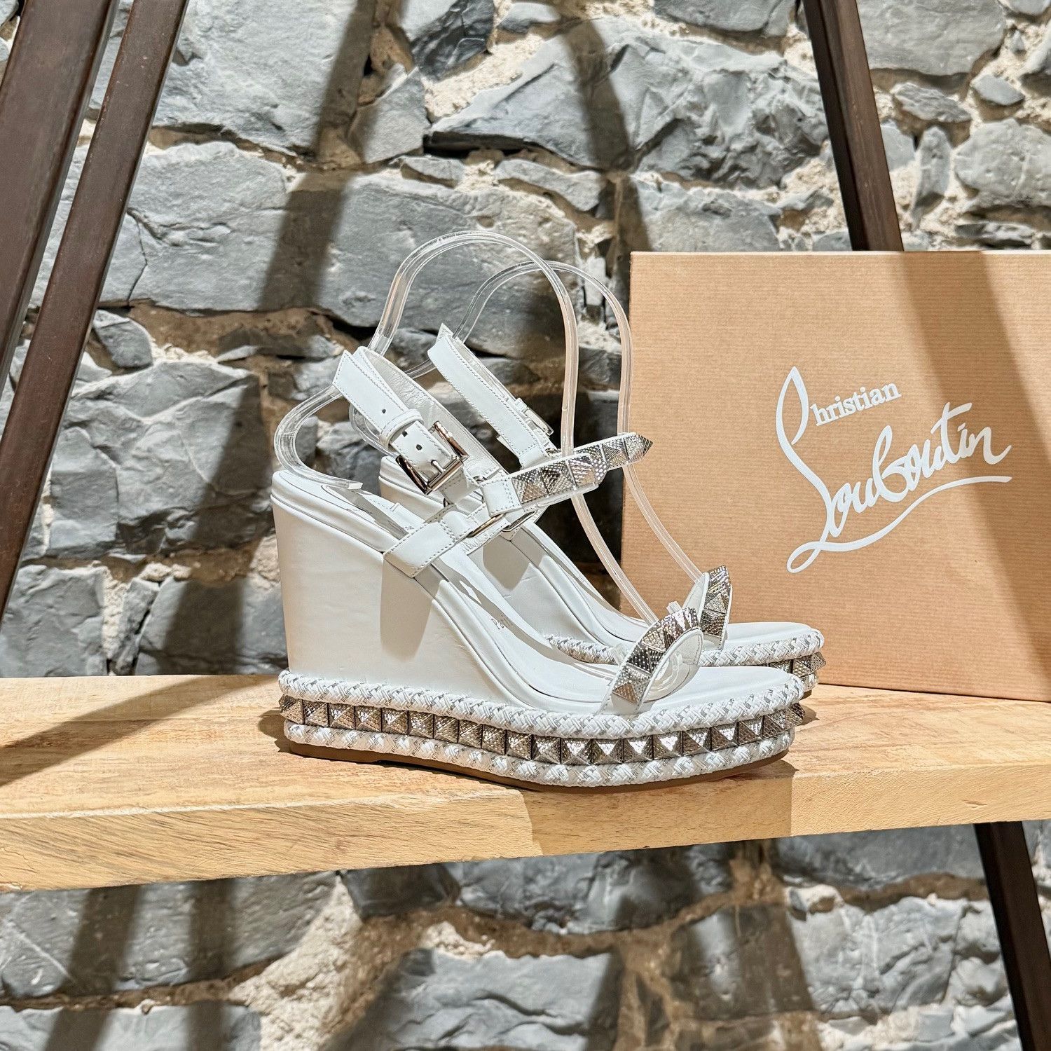Christian Louboutin Leather Studded Pyraclou Wedge Sandals