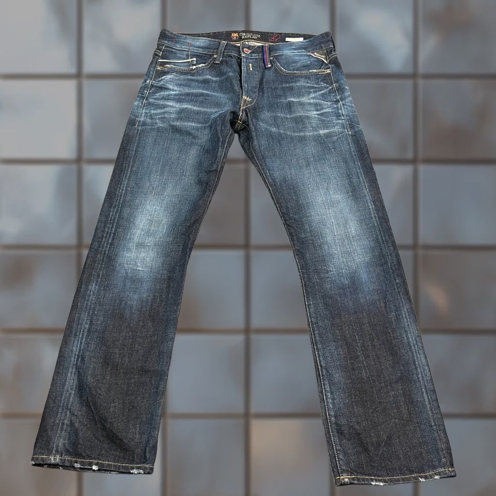 Replay Replay Jeans Mens 32 30 Straight Dark Wash Blue Whiskering FC Barcelona Collab Size US 32 / EU 48 - 1 Thumbnail