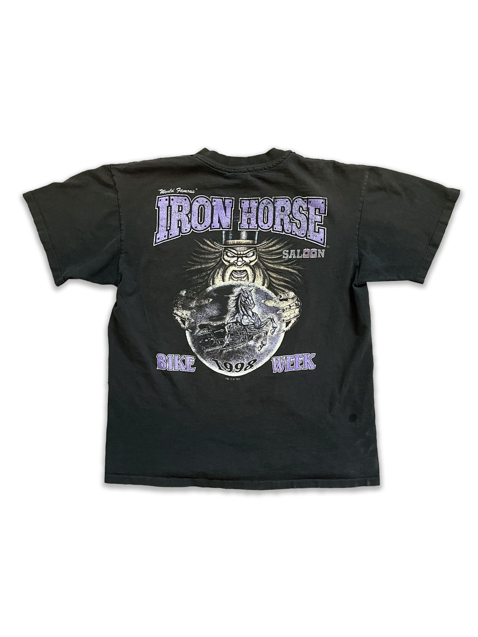 image of Harley Davidson x Vintage 1998 Iron Horse Saloon Motorcycle Bike Week Tee in Black (Size Large)