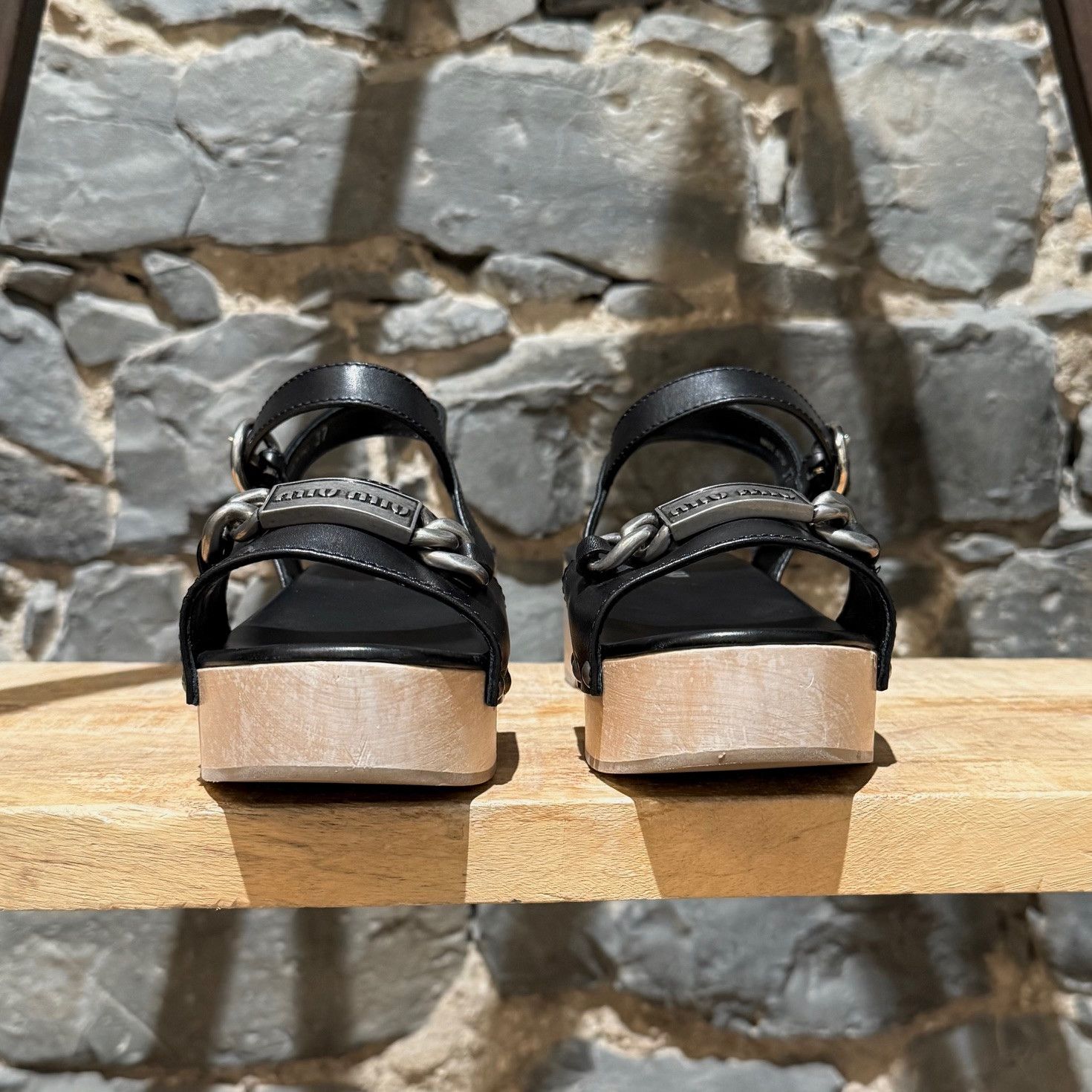 Miu Miu Miu Mu Black Leather Wood Clogs Studded Sandals Size US 7 / IT 37 - 2 Thumbnail