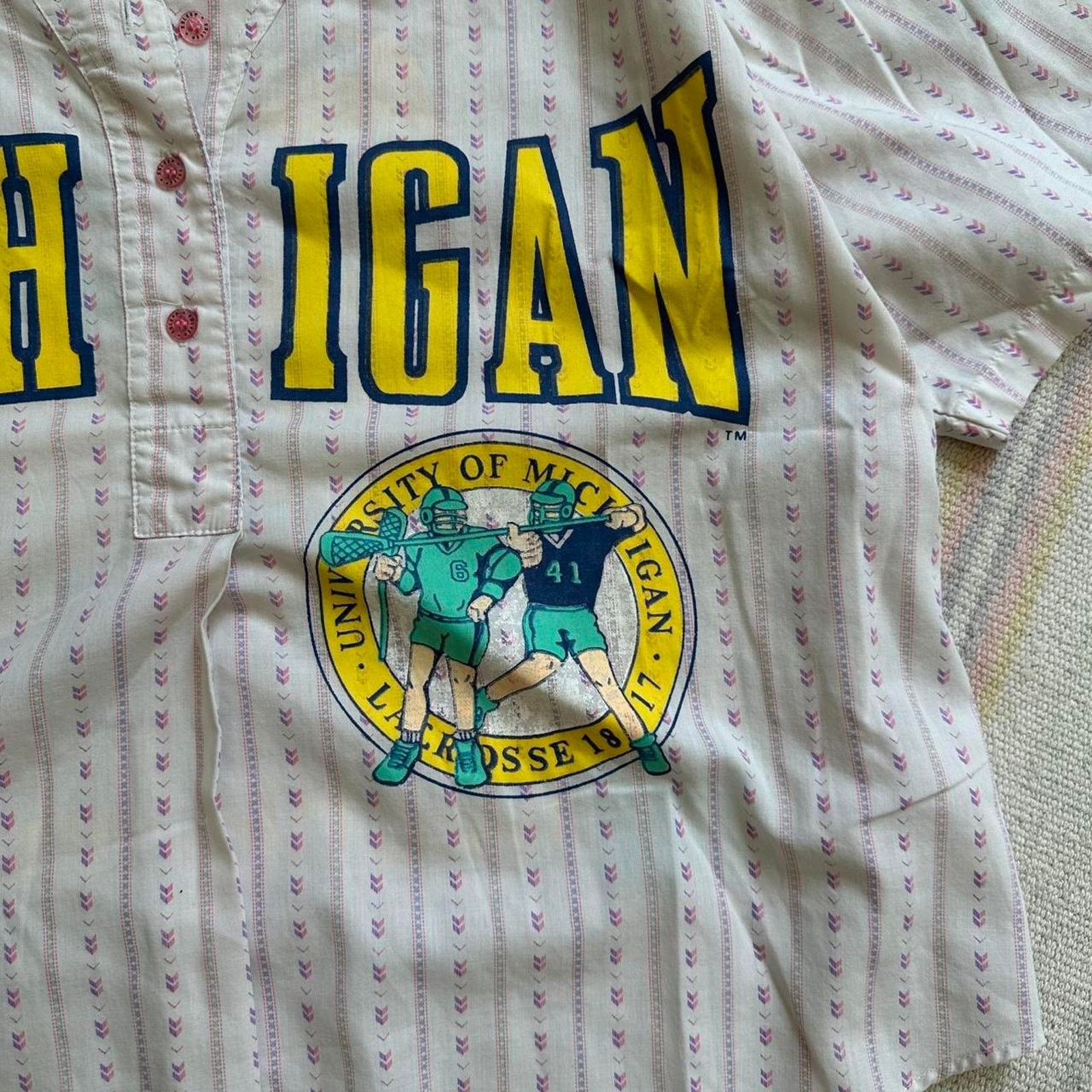 Vintage Rare Vintage 80s UofM Michigan Lacrosse Stripped Top Jersey Size US L / EU 52-54 / 3 - 5 Thumbnail