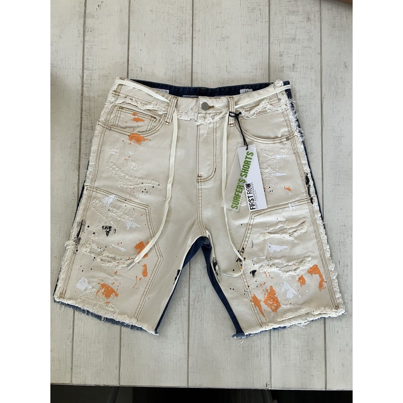 Other First Row Distressed Ripped Splatter Raw Hem Denim Jean Shor Size US 34 / EU 50 - 1 Thumbnail