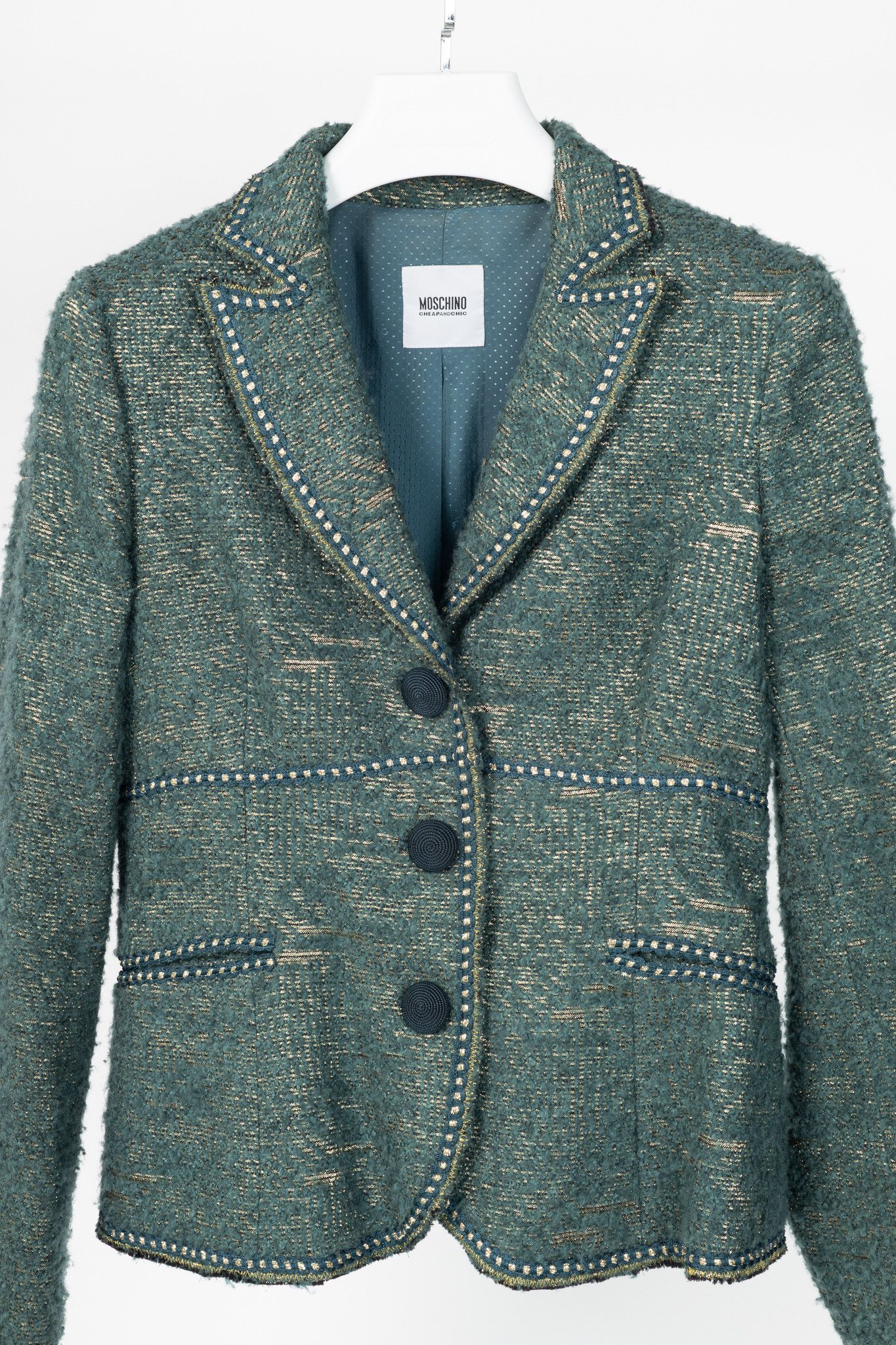 Moschino Moschino Cheap and Chic Metallic Green Boucle-Wool Blazer Size L / US 10 / IT 46 - 3 Thumbnail