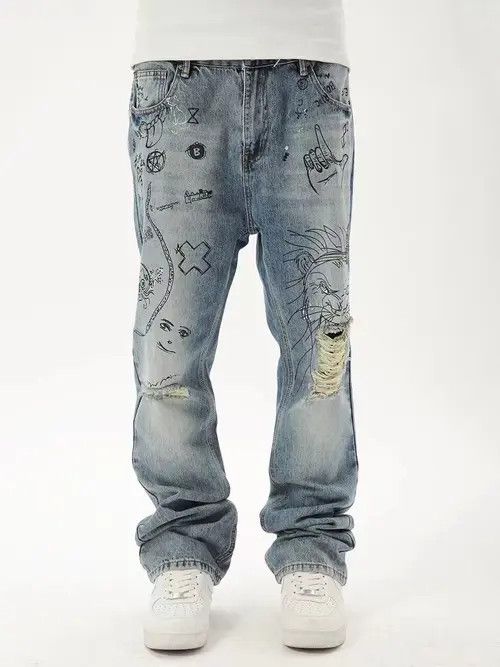 Jean Vintage High Street Graffiti Straight Loose Jeans Size US 30 / EU 46 - 7 Thumbnail
