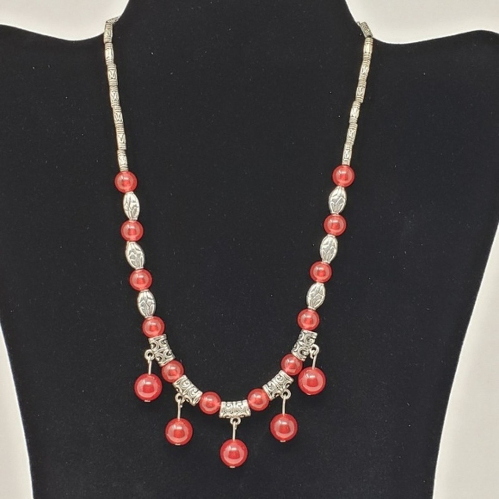 Other Silver & Cranberry Red Beaded Dangle Post-Hung Necklace Size ONE SIZE - 1 Thumbnail