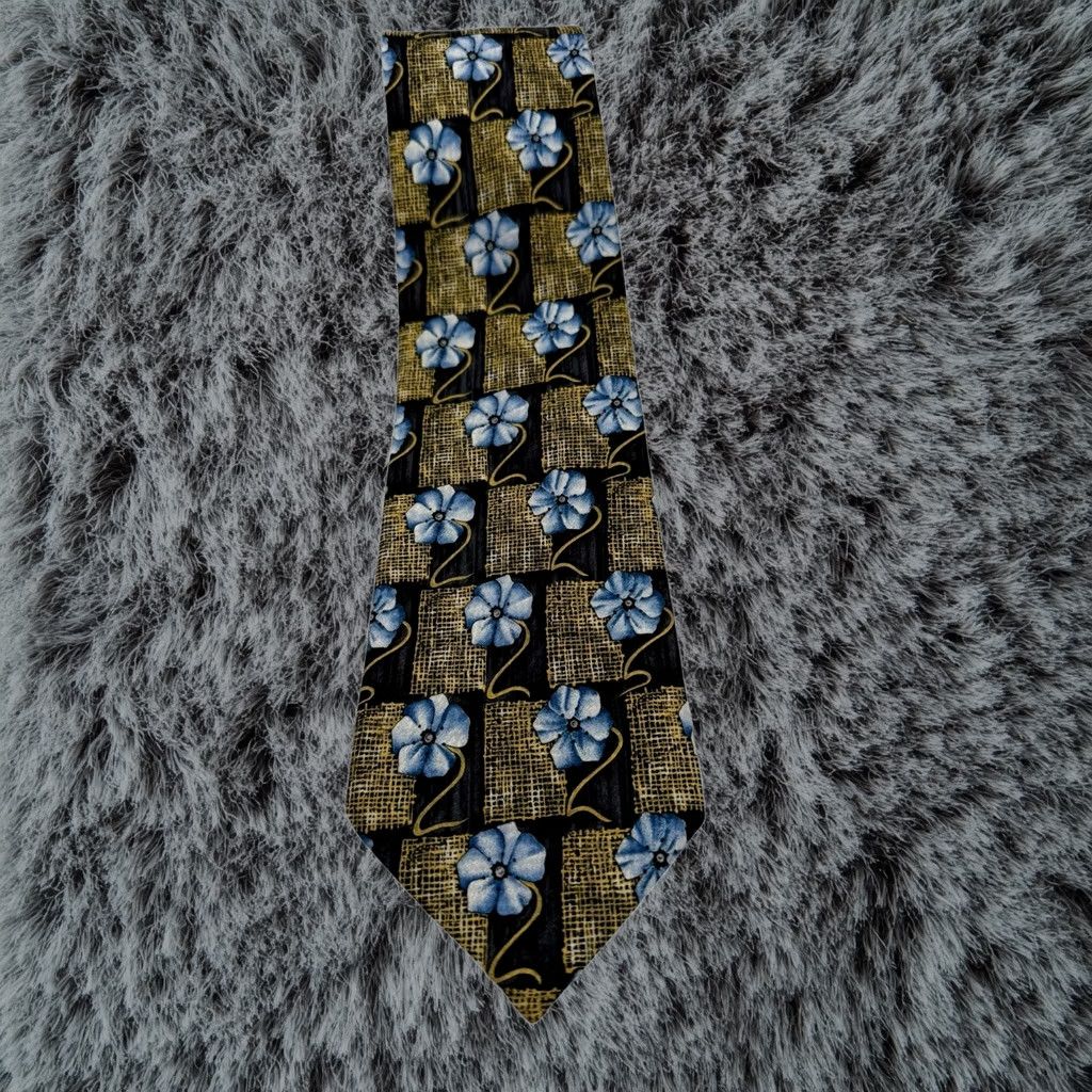 Ermenegildo Zegna Tie Blue Floral Gold Black Geometric Italy Silk Mens, Men's