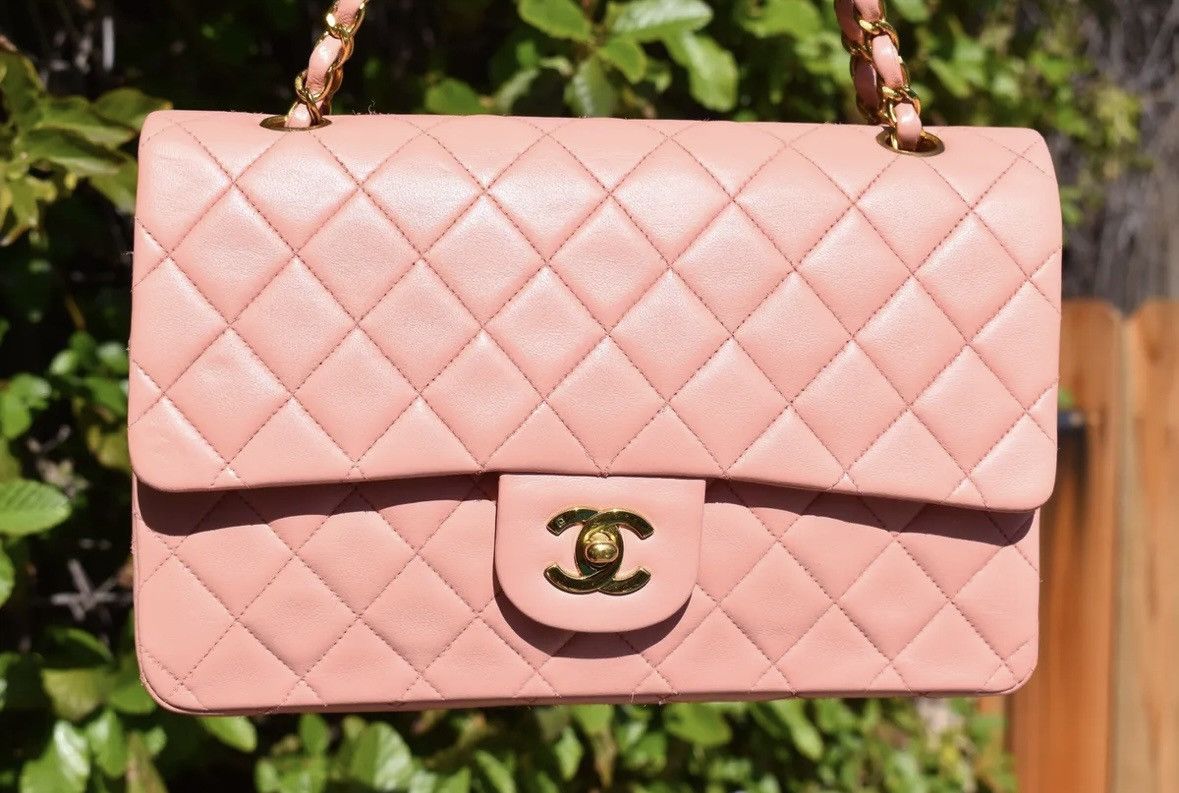 HOT CHANEL Pink Leather Quilted Medium Double Flap