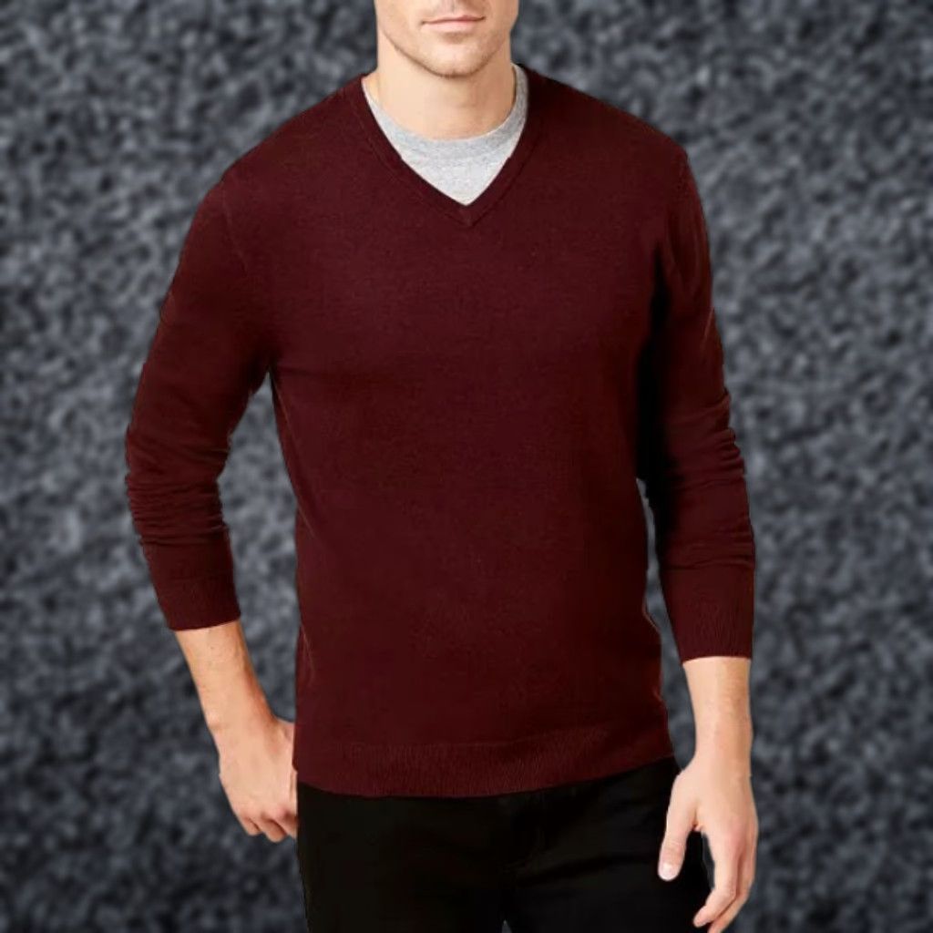 Alfani Men's XXL Pullover Sweater Burgundy Wool V-Neck Solid Knit