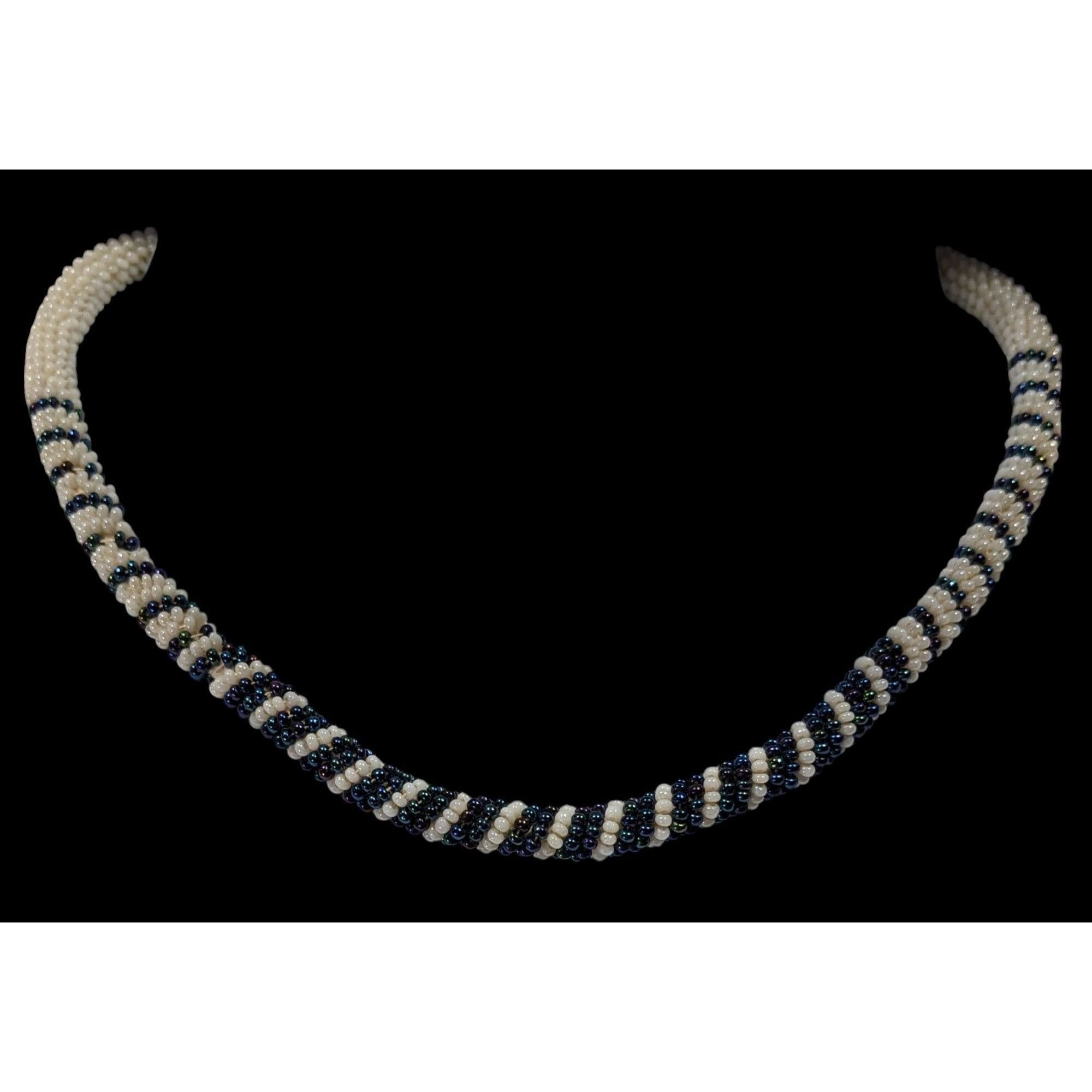 Handmade Vintage Handmade White And Blue/Black Beaded Rope Necklace Size ONE SIZE - 4 Thumbnail