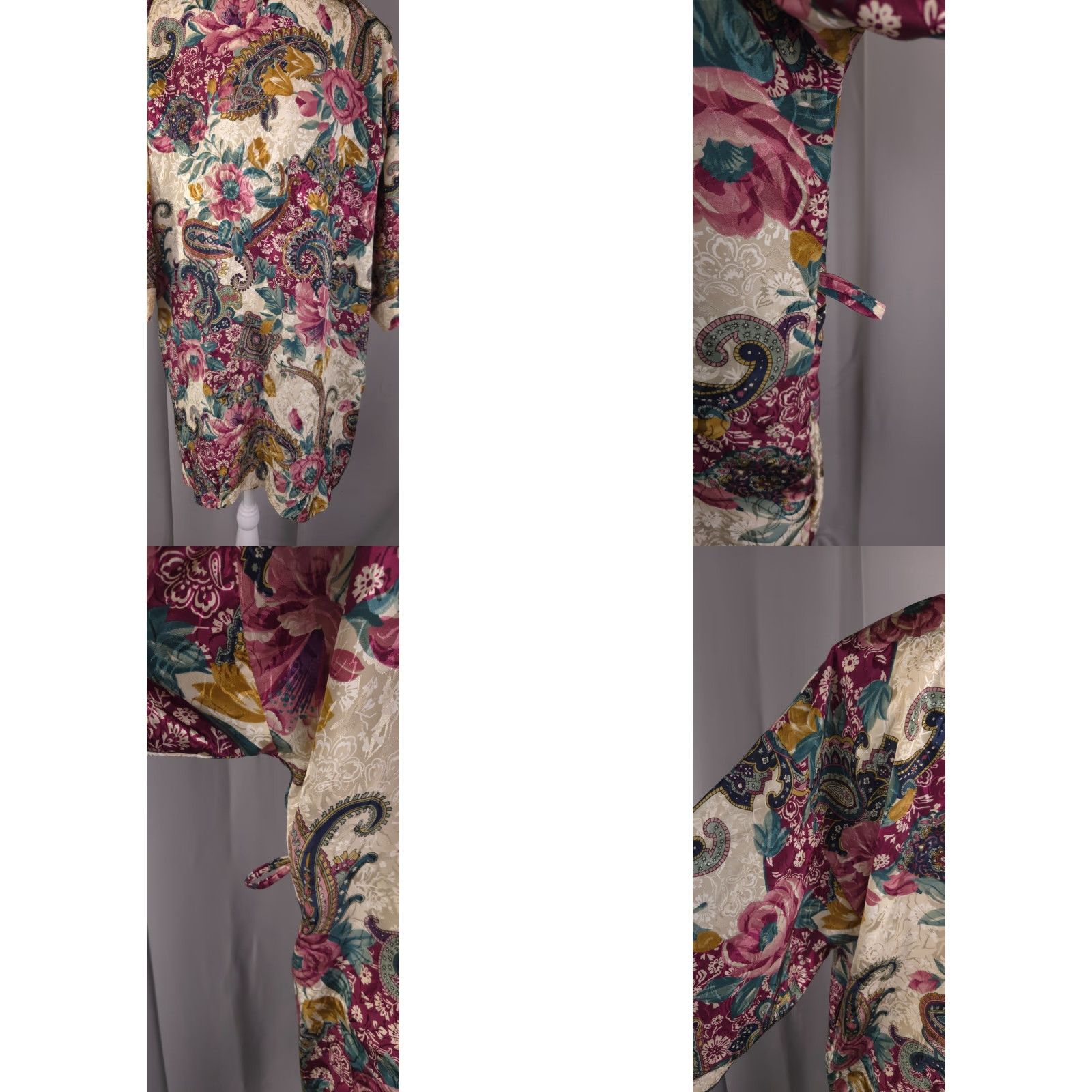 Vintage Womens Robe Medium Floral Paisley Satin Kimono Short Retro Lounge Wear