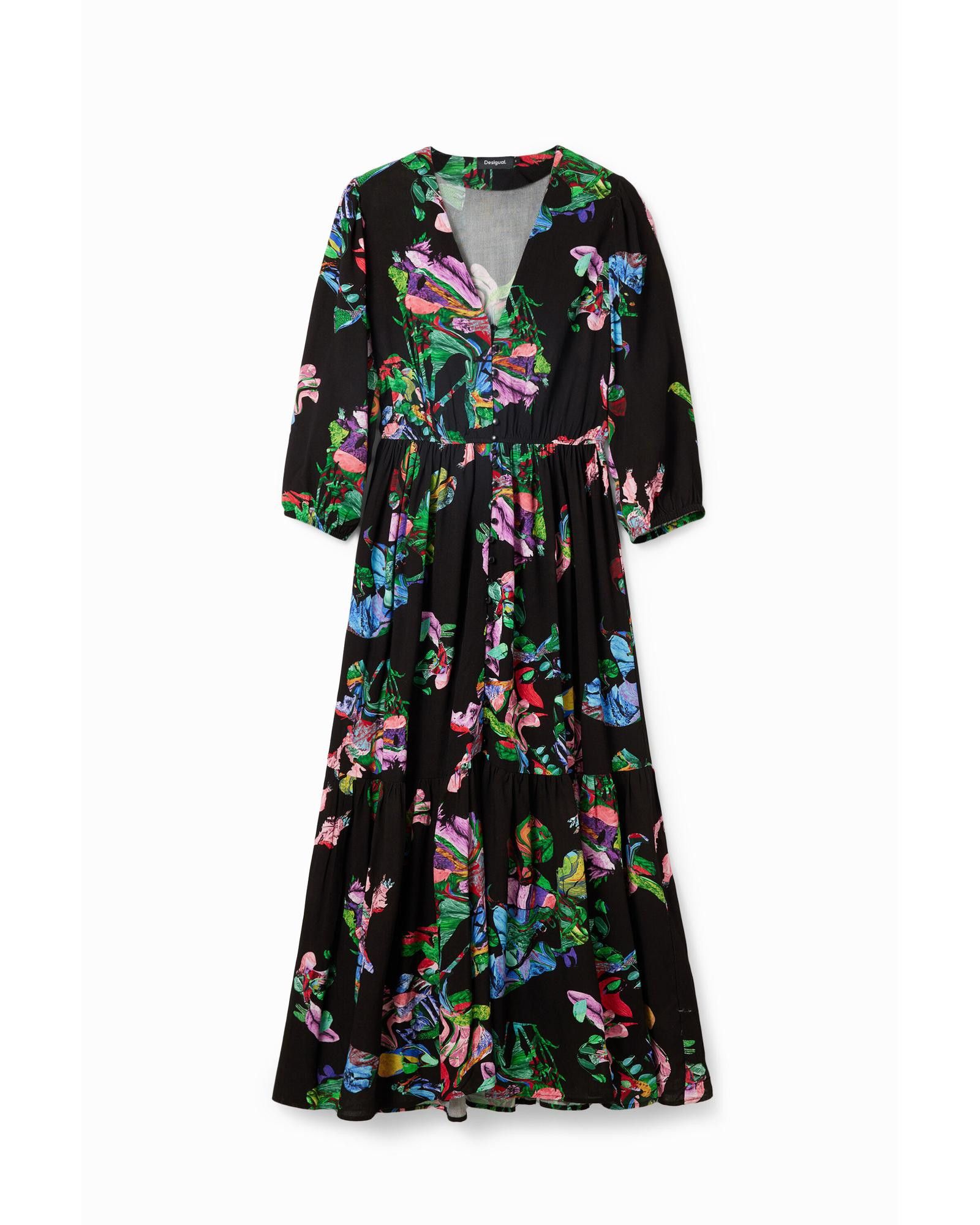 image of Desigual Printed V-Neck Dress in Black, Women's (Size 2XL)