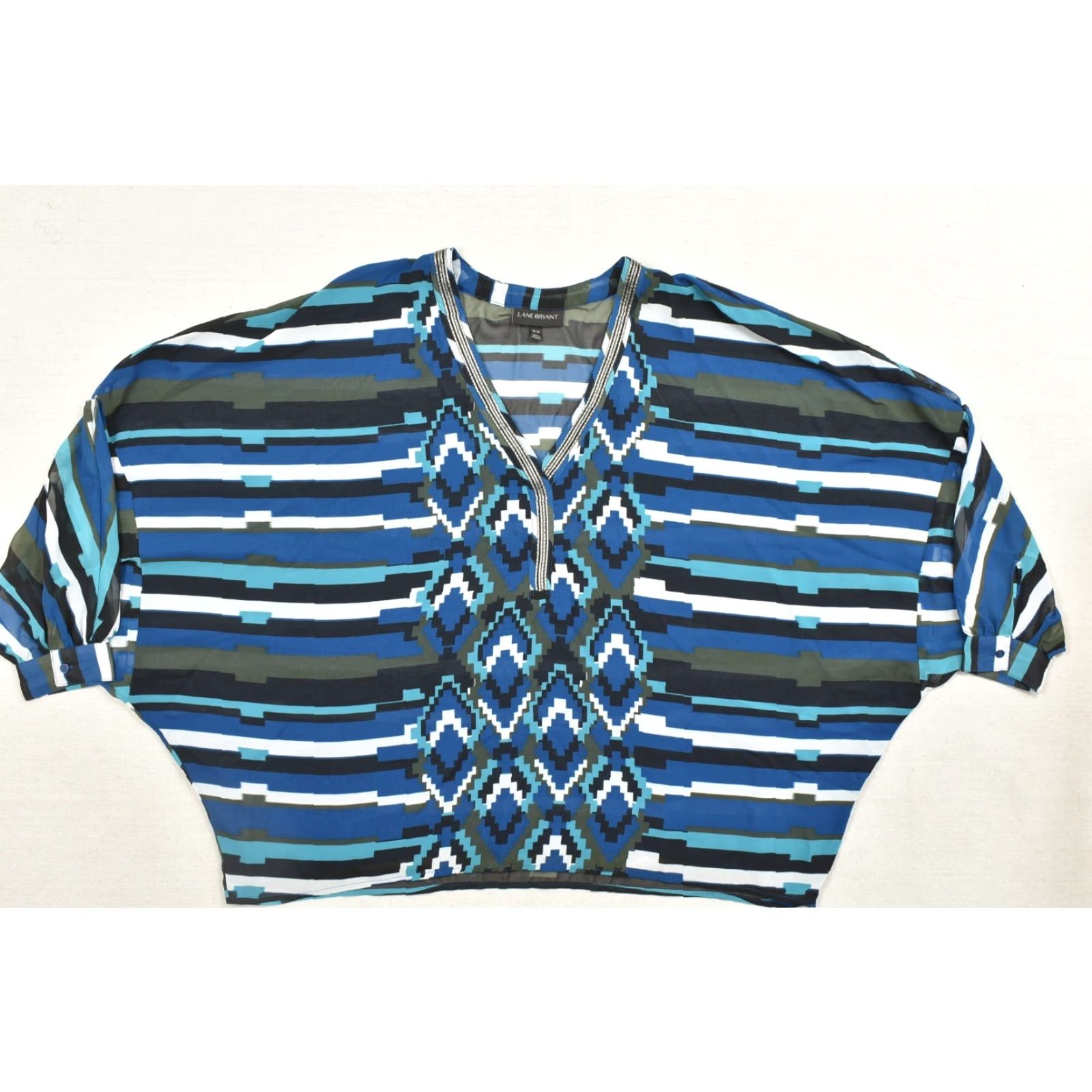Vintage Lane Bryant Top Womens 18/20 Blue Geometric Striped V-Neck Beaded Trim Dolman Shirt Size XXL / US 16-18 / IT 52-54 - 2 Thumbnail