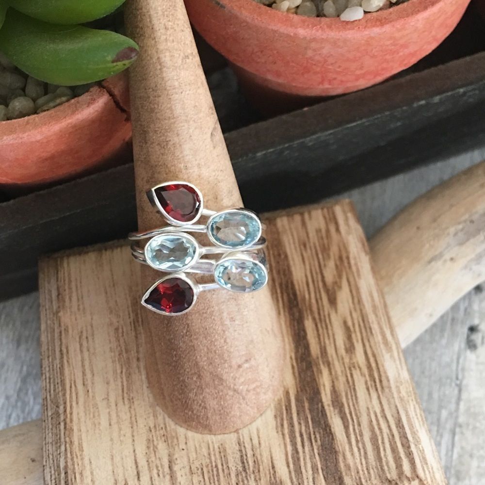 The Unbranded Brand Blue Topaz & Red Garnet Ring Size 8 Sterling Silver Size ONE SIZE - 3 Thumbnail