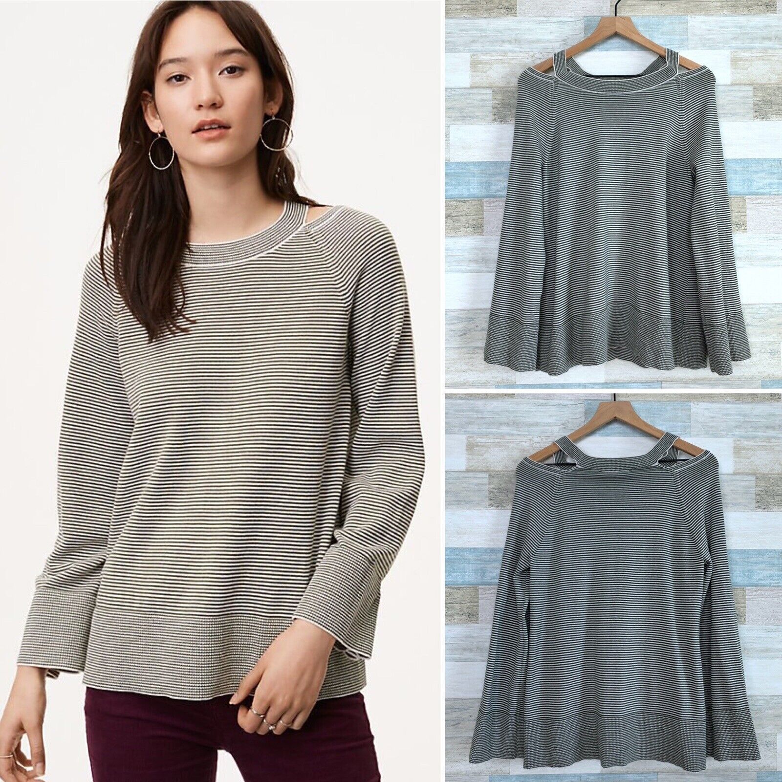 Loft LOFT Striped Cutout Swing Sweater Gray White Flare Ribbed M Size M / US 6-8 / IT 42-44 - 1 Thumbnail