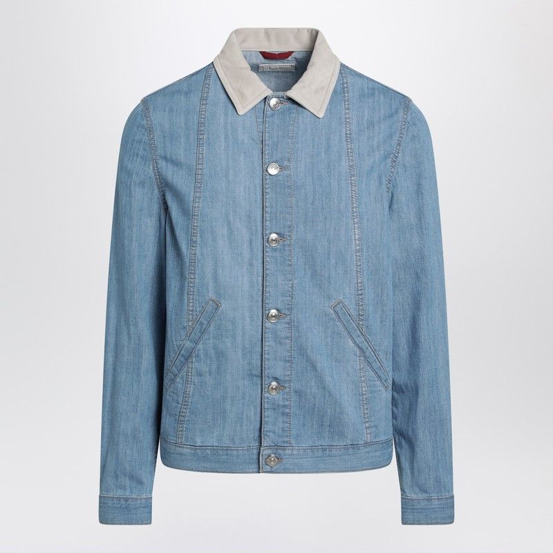 Brunello Cucinelli Brunello Cucinelli Blue Denim Jacket With Suede Collar Size US L / EU 52-54 / 3 - 1 Thumbnail