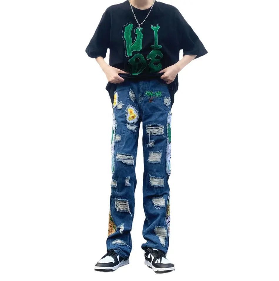 Japanese Brand Embroidered patchwork straight leg jeans Size US 32 / EU 48 - 5 Thumbnail