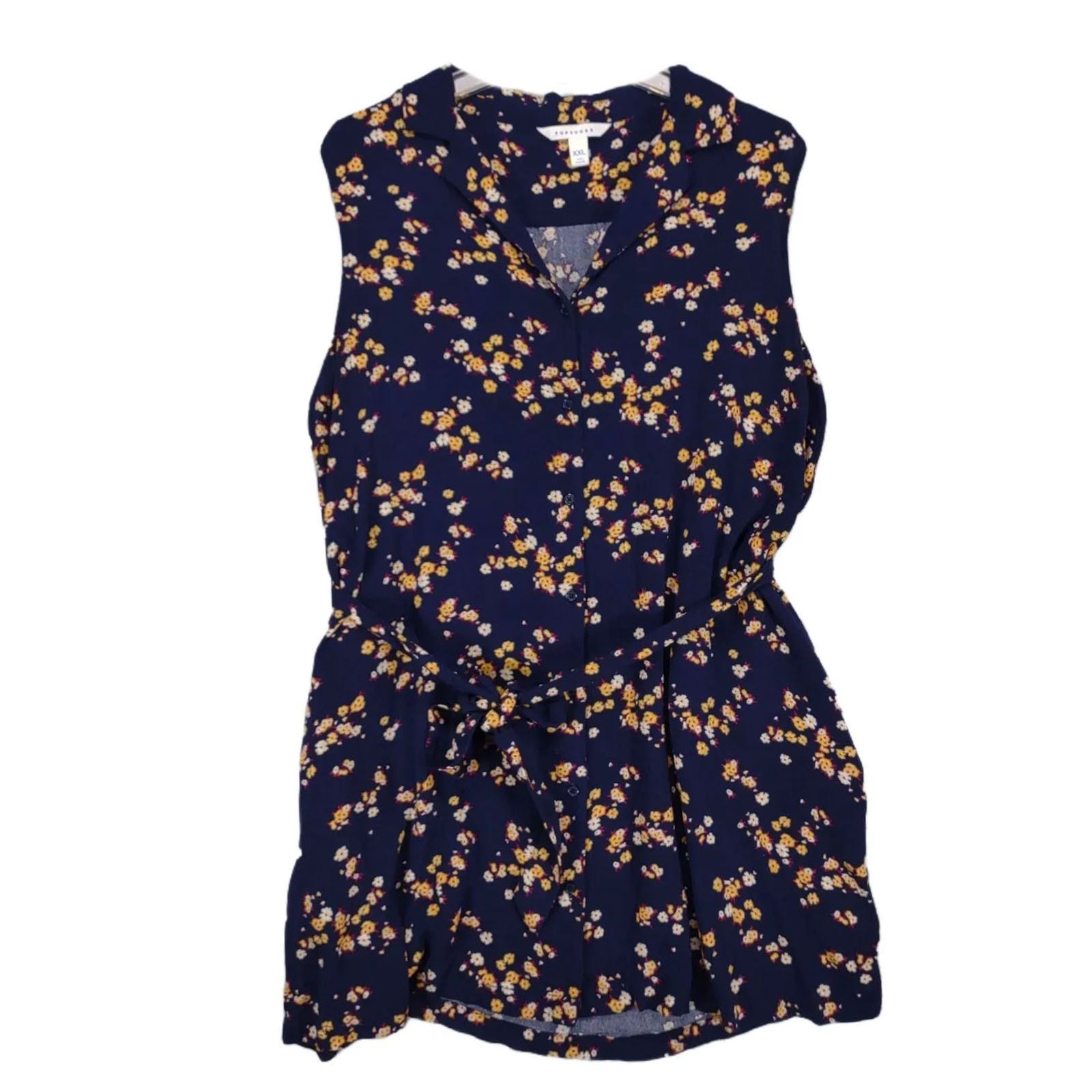 Other Popsugar Navy Floral Sleeveless Shirt Dress w/ Pockets Size XXL / US 16-18 / IT 52-54 - 2 Thumbnail