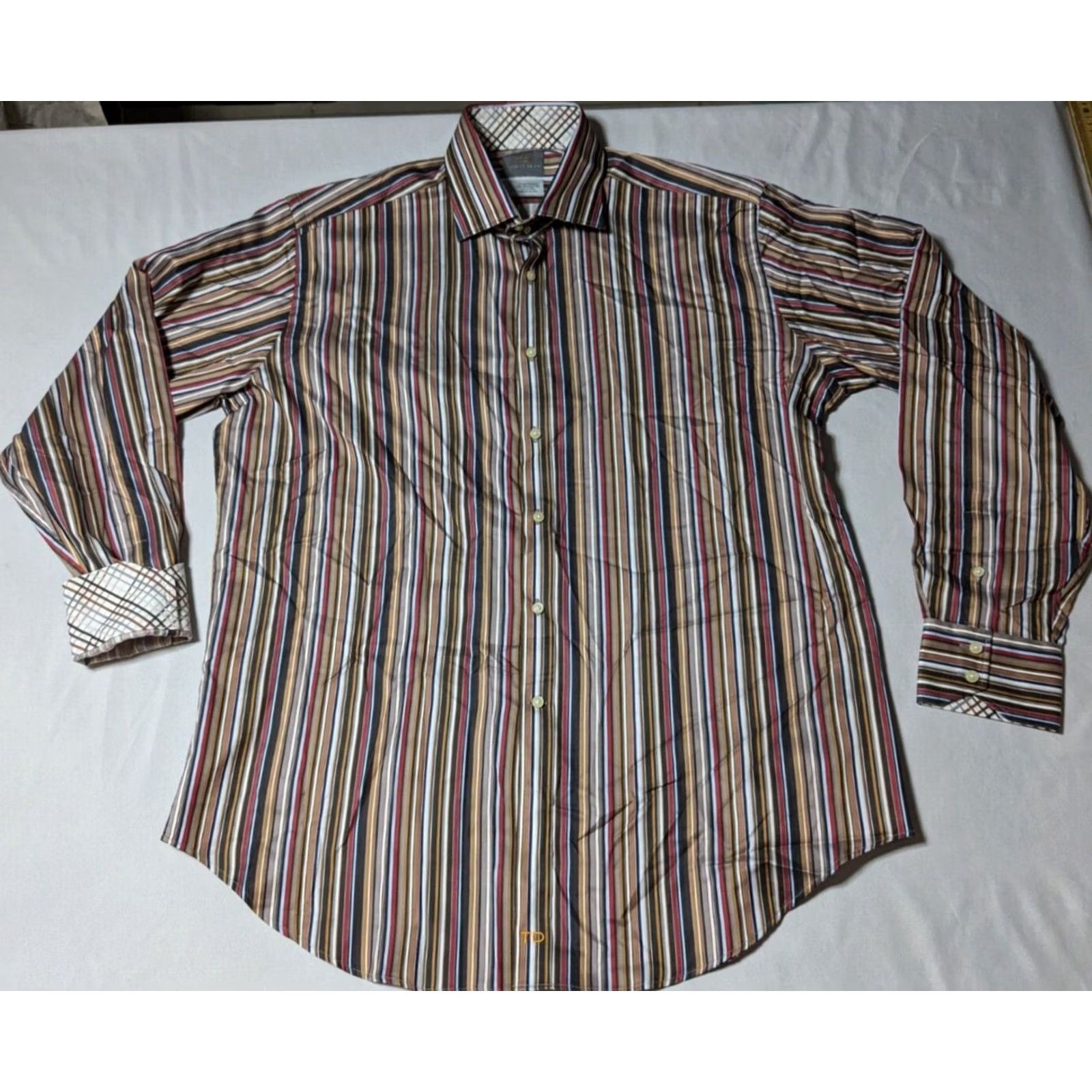 Vintage TD THOMAS DEAN Men Dress Shirt XL Brown Striped Button-Up Cotton NEW Size 46R - 4 Thumbnail