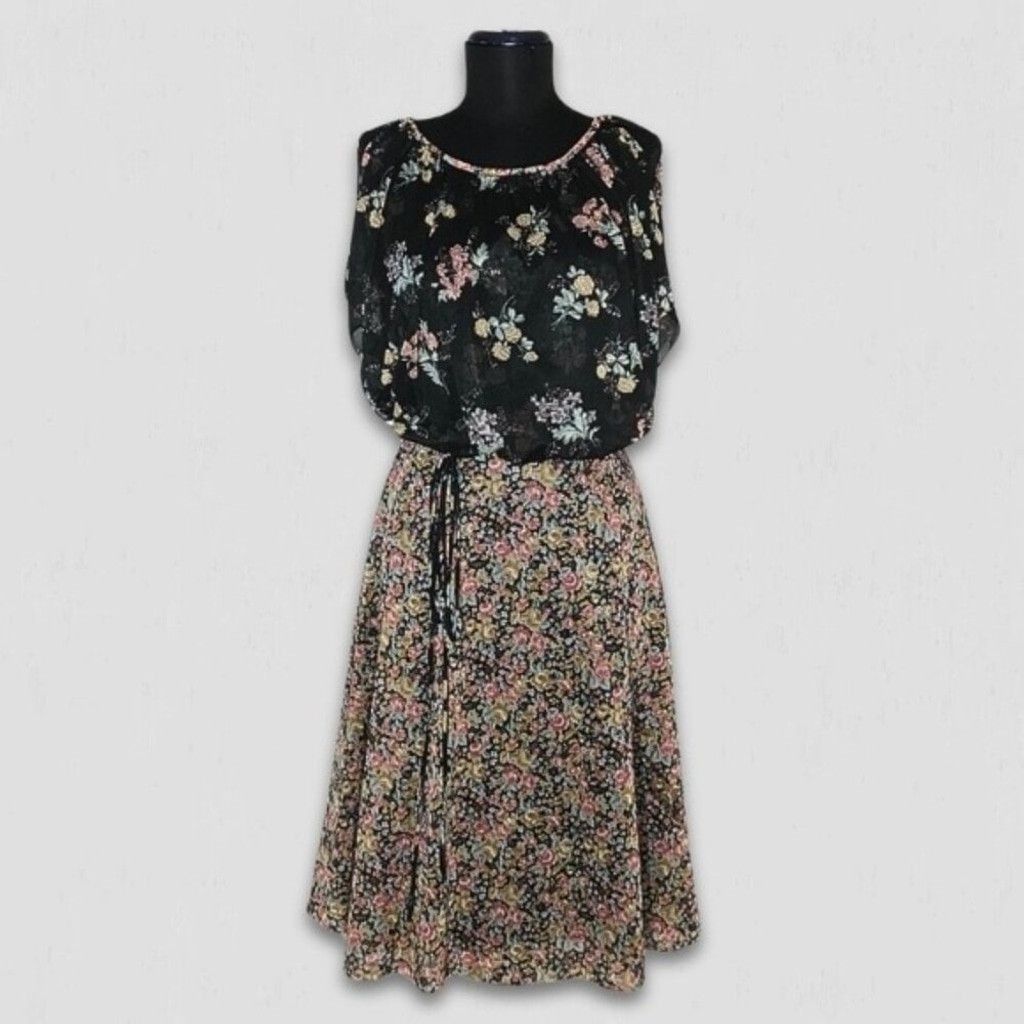 Vintage 80s Full Swing Boho Dress Back Zipper Floral Cottage Black M Size L / US 10 / IT 46 - 1 Thumbnail