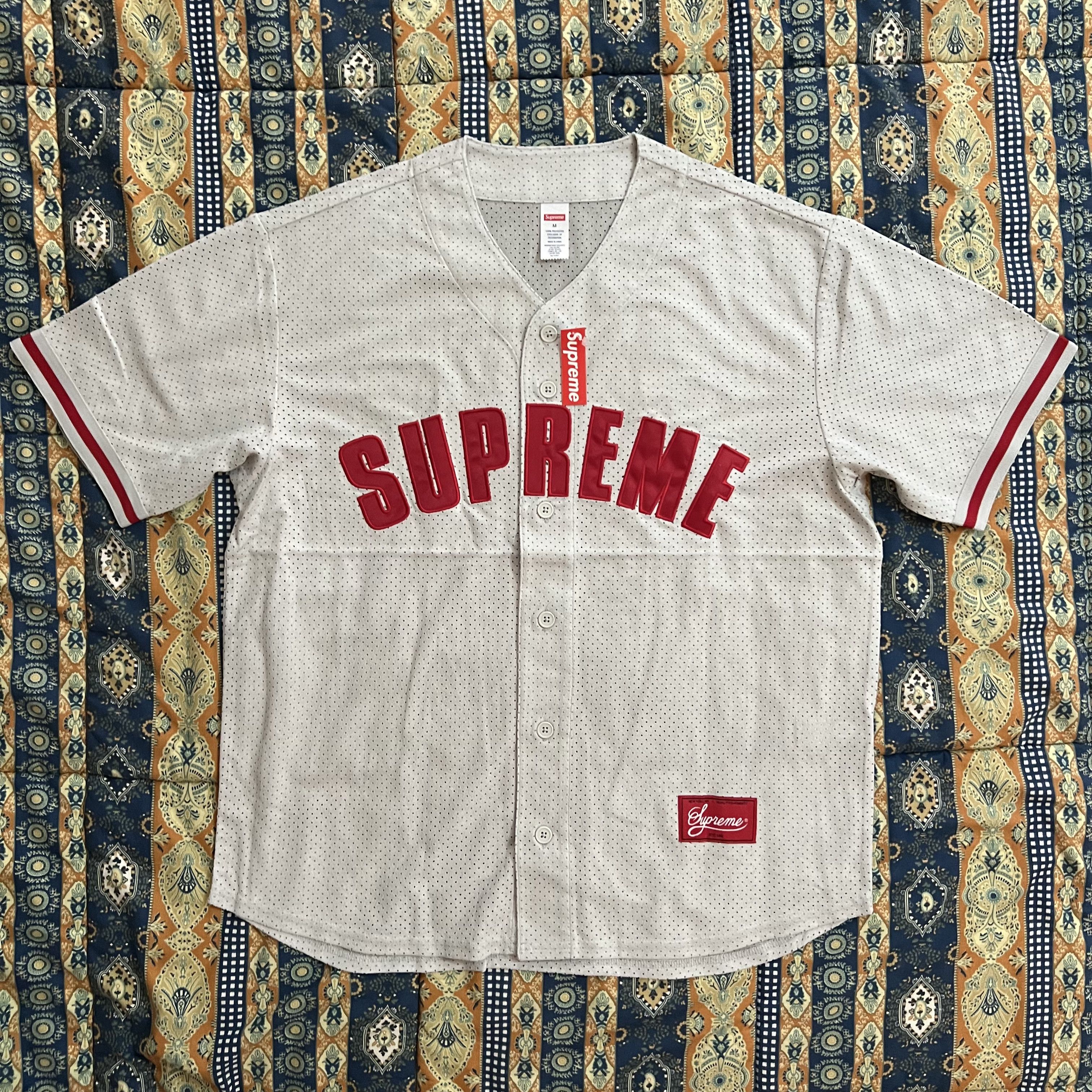 image of Supreme Baseball Jersey Ultrasuede Mesh Suede Red Grey, Men's (Size Medium)