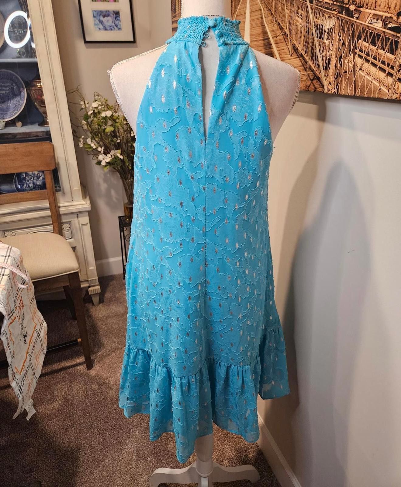 Designer Kensie Teal & Silver Halter Neck Dress with Flared Hem #245 Size M / US 6-8 / IT 42-44 - 3 Thumbnail