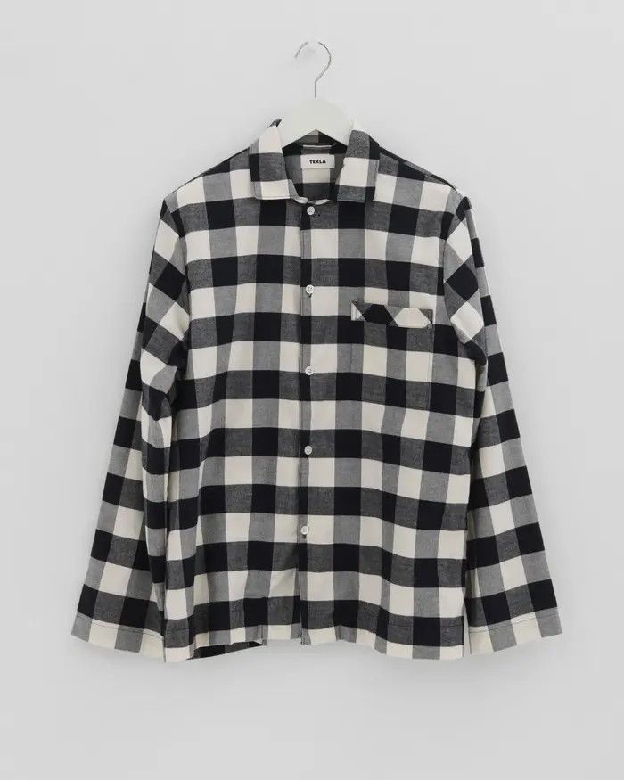 Tekla o1mle0525 Unisex Flannel Pyjamas Shirt in Black Gingham Size XL / US 12-14 / IT 48-50 - 1 Thumbnail