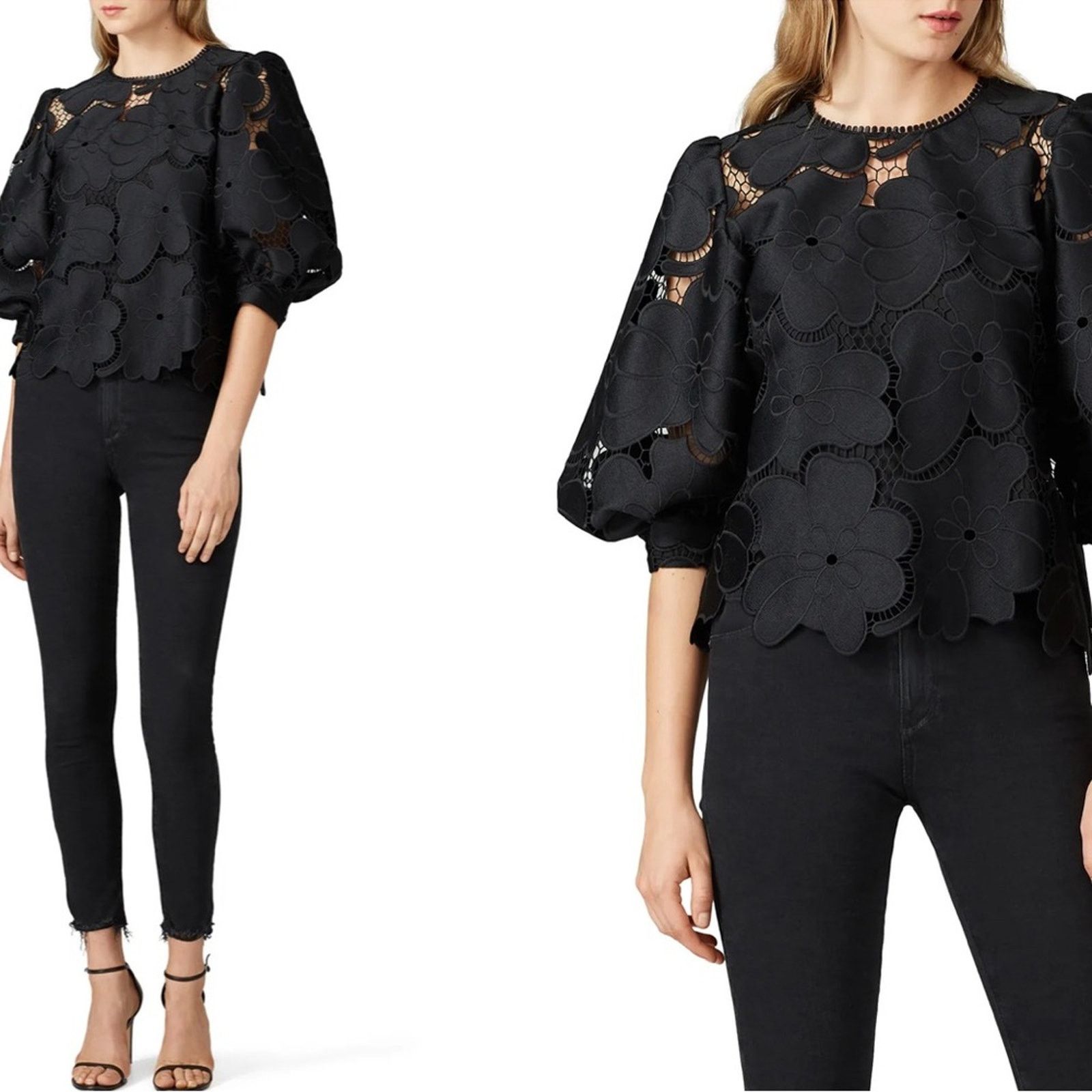 Hunter Bell Hunter Bell Peyton Puff Sleeve Black Floral Embroidered Top Size S / US 4 / IT 40 - 1 Thumbnail