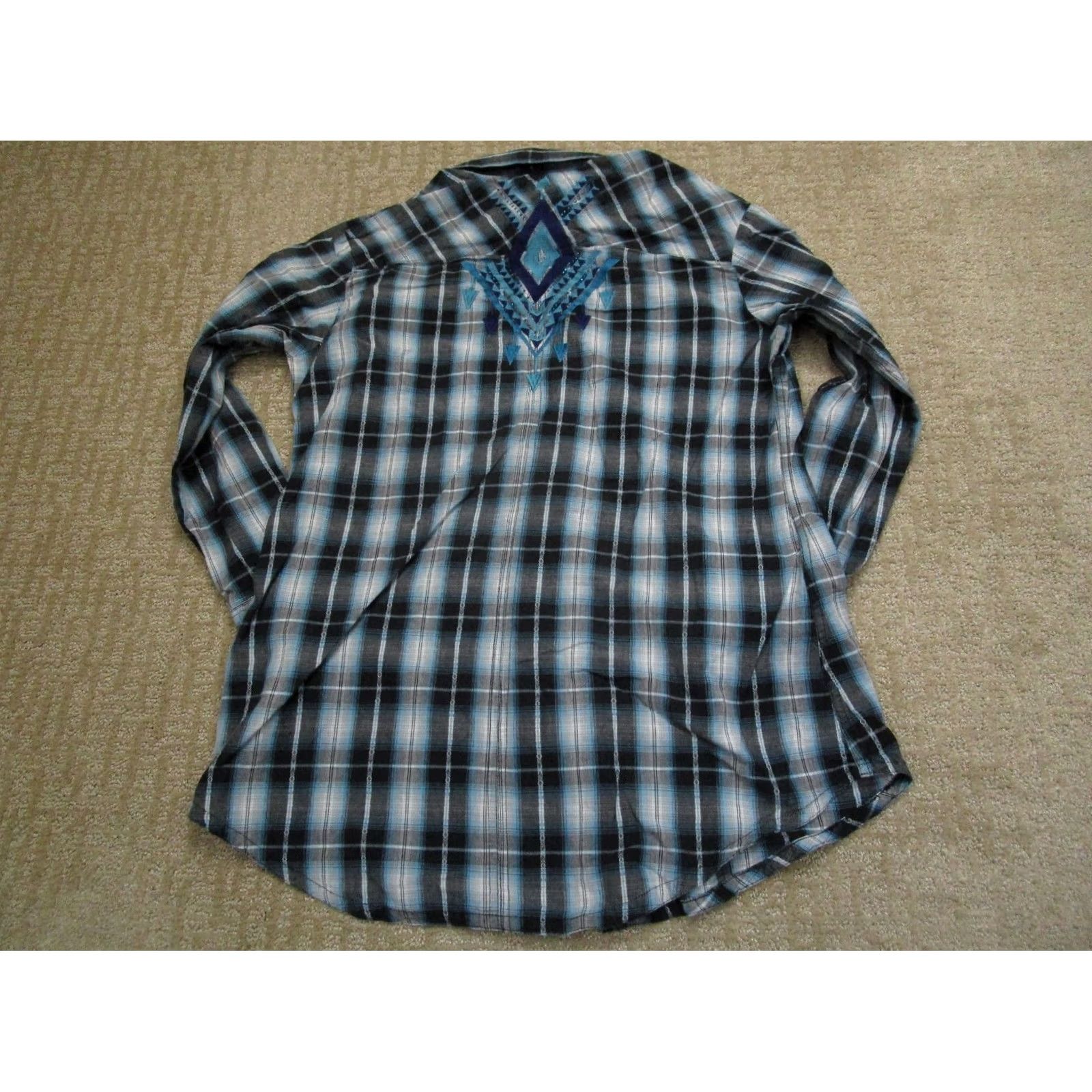 Vintage Panhandle Slim Pearl Snap Shirt Women XL Blue Plaid Embroidered Western White Distressed? Size XL / US 12-14 / IT 48-50 - 4 Thumbnail
