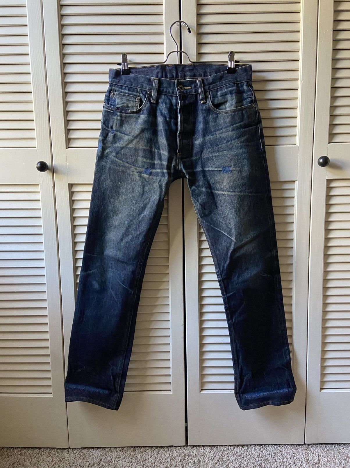 image of 3Sixteen St-100X Slim Indigo Selvedge Denim Jeans Repaired in Blue, Men's (Size 31)