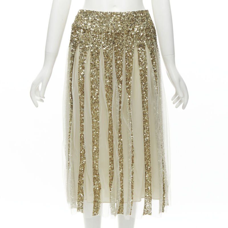 Alice + Olivia ALICE OLIVIA gold bling sequins sheer nude panel midi skirt US0 XS Size 26" / US 2 / IT 38 - 1 Thumbnail