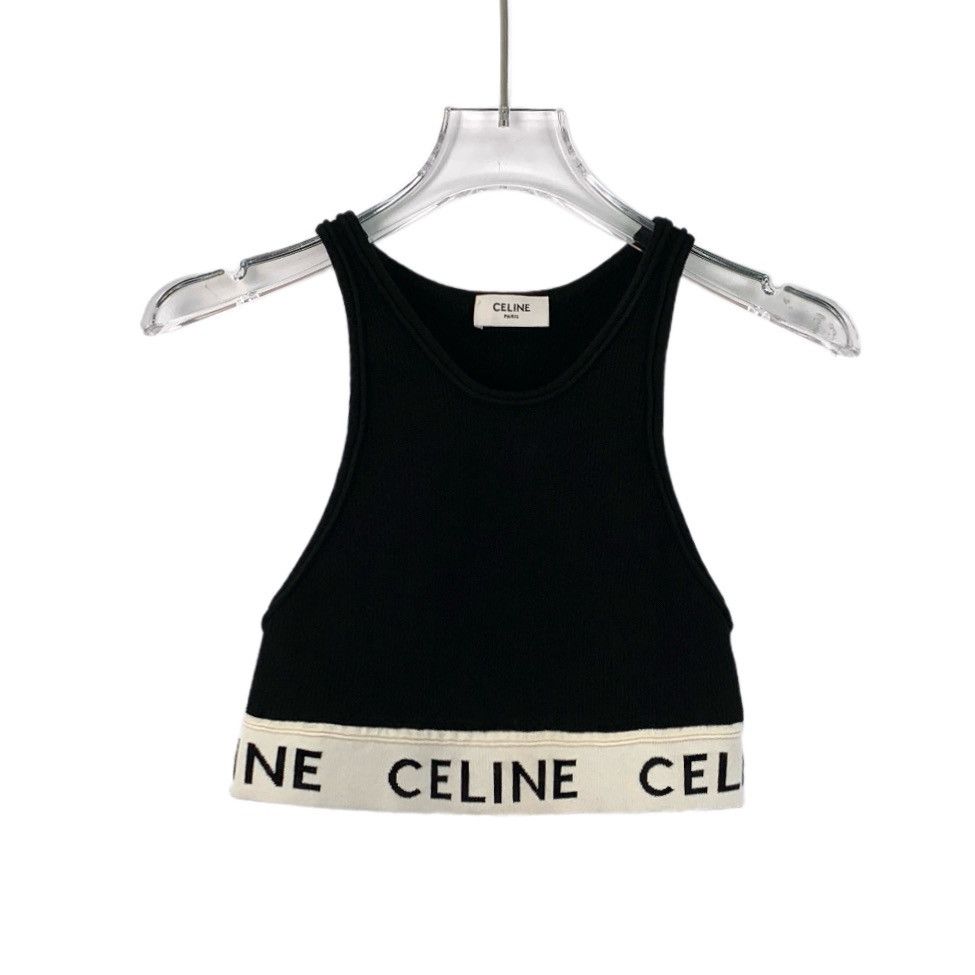 Celine Black Logo Monogram Cotton Knit Tank Top