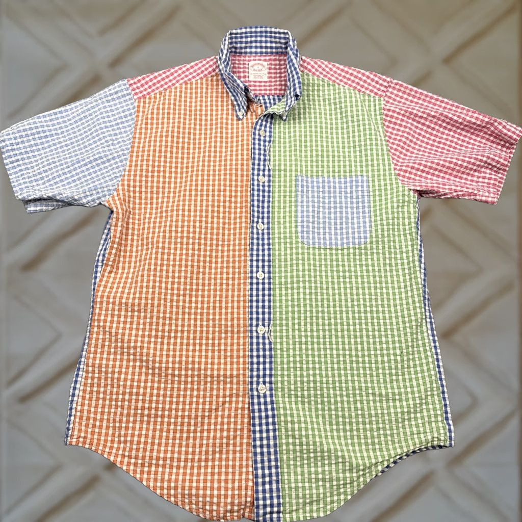 Brooks Brothers Button Down Shirt Mens Small Multicolor Plaid Madras Patchwork Short Sleeve, Men's