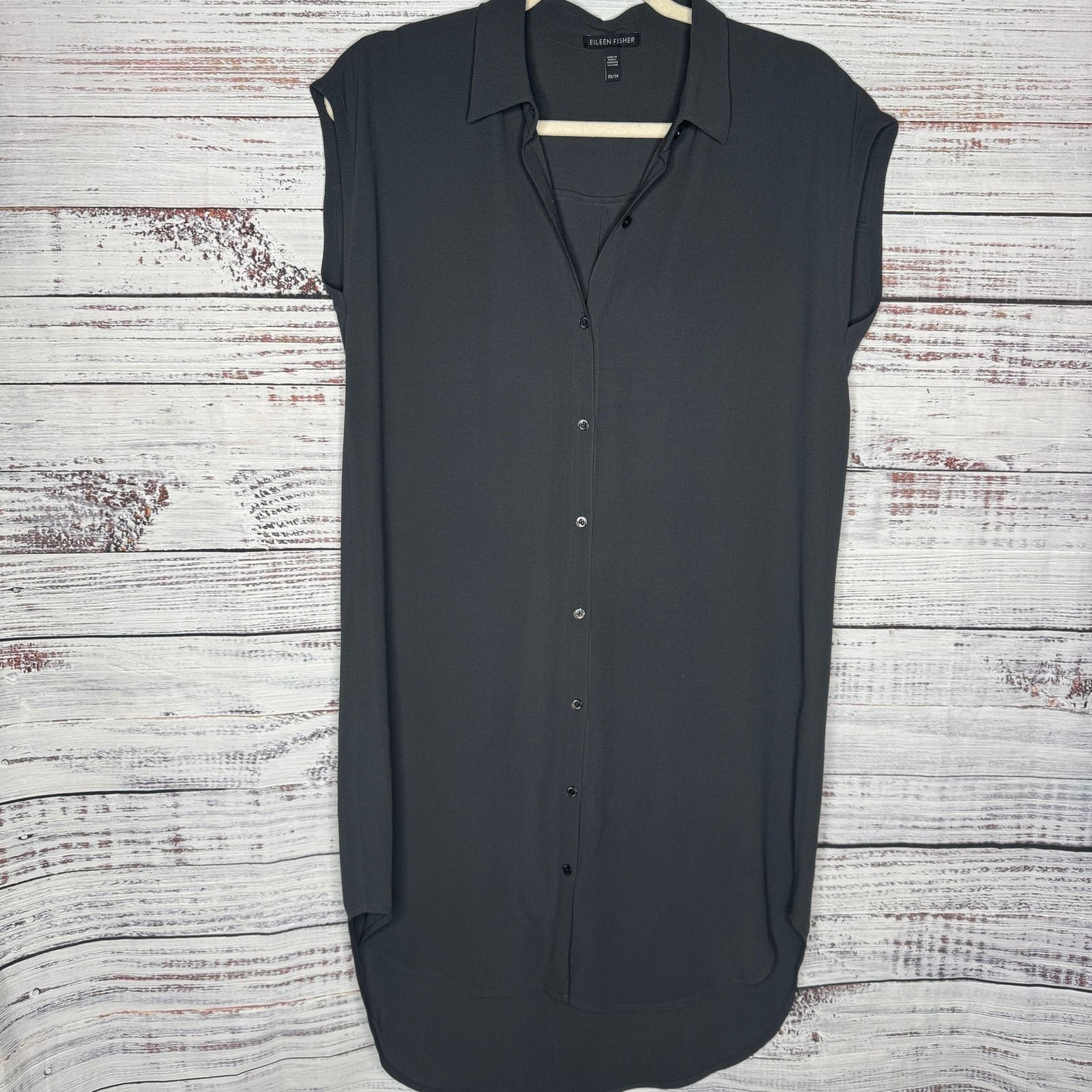 Eileen Fisher Eileen Fisher XS Black 100% Silk Button Tunic Shirt Dress Size XS / US 0-2 / IT 36-38 - 2 Thumbnail