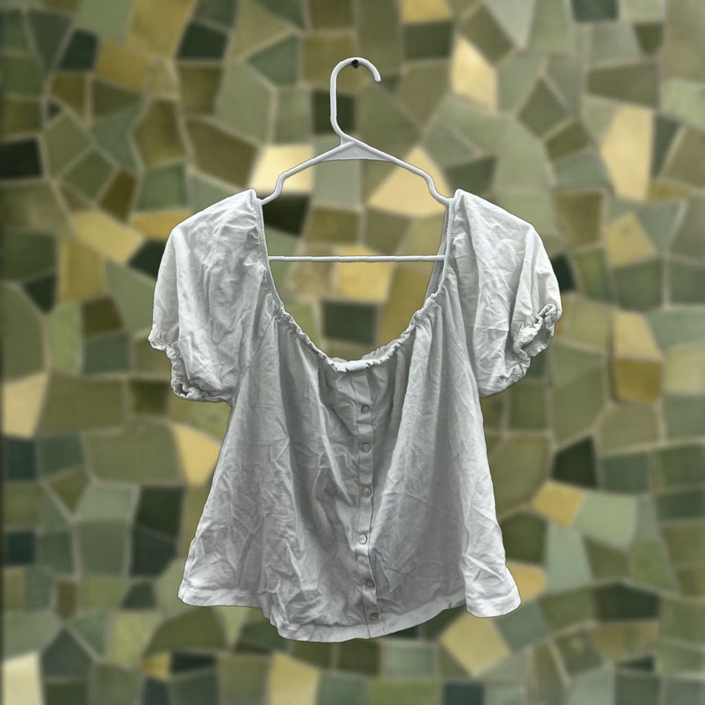 American Eagle Outfitters American Eagle Womens Blouse White Short Puff Sleeve Button Up Size Small Knit 100% Cotton Regular Womens Size 28" / US 6 / IT 42 - 1 Thumbnail