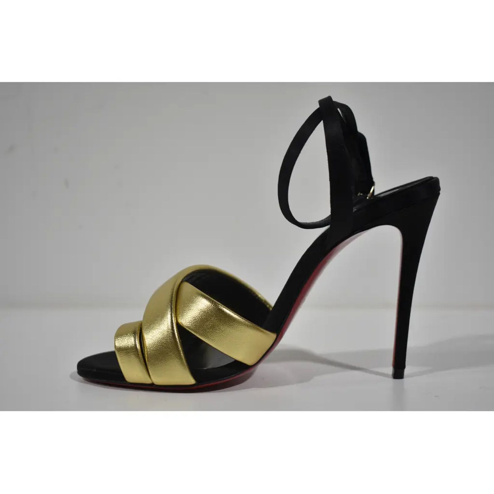 Christian Louboutin Just Me 100 Black Gold Sandal Ankle Strap Open Heel Pump 37 Size US 7 / IT 37 - 8 Thumbnail